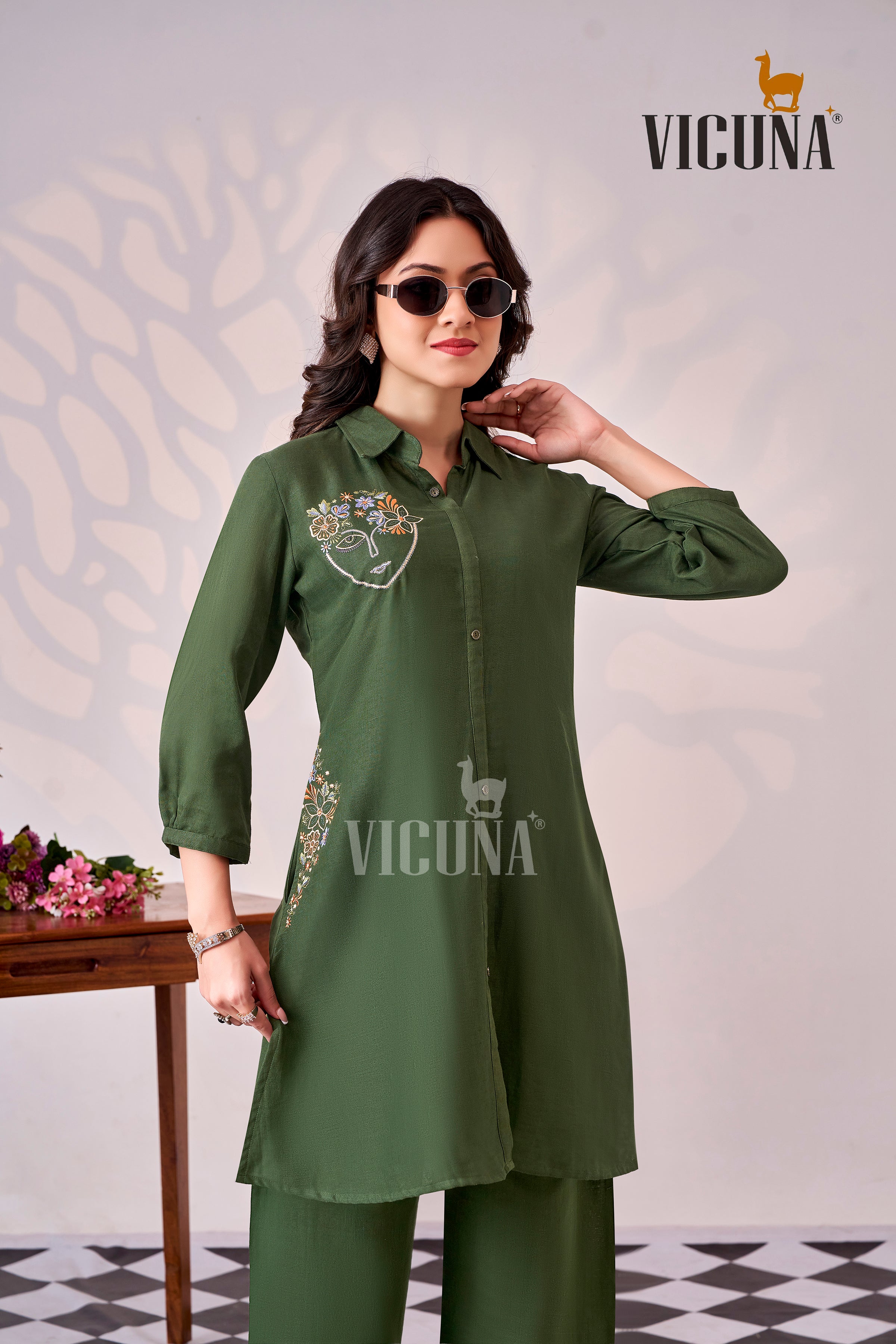 Double Cloth Cotton Short Co-ord Set with Mirror Work in Blue, White & Green