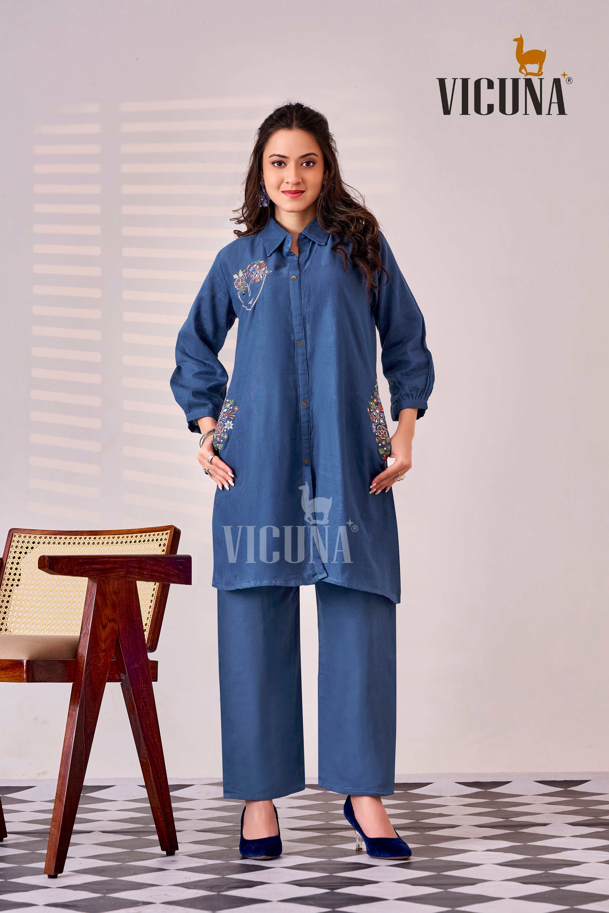 Double Cloth Cotton Short Co-ord Set with Mirror Work in Blue, White & Green