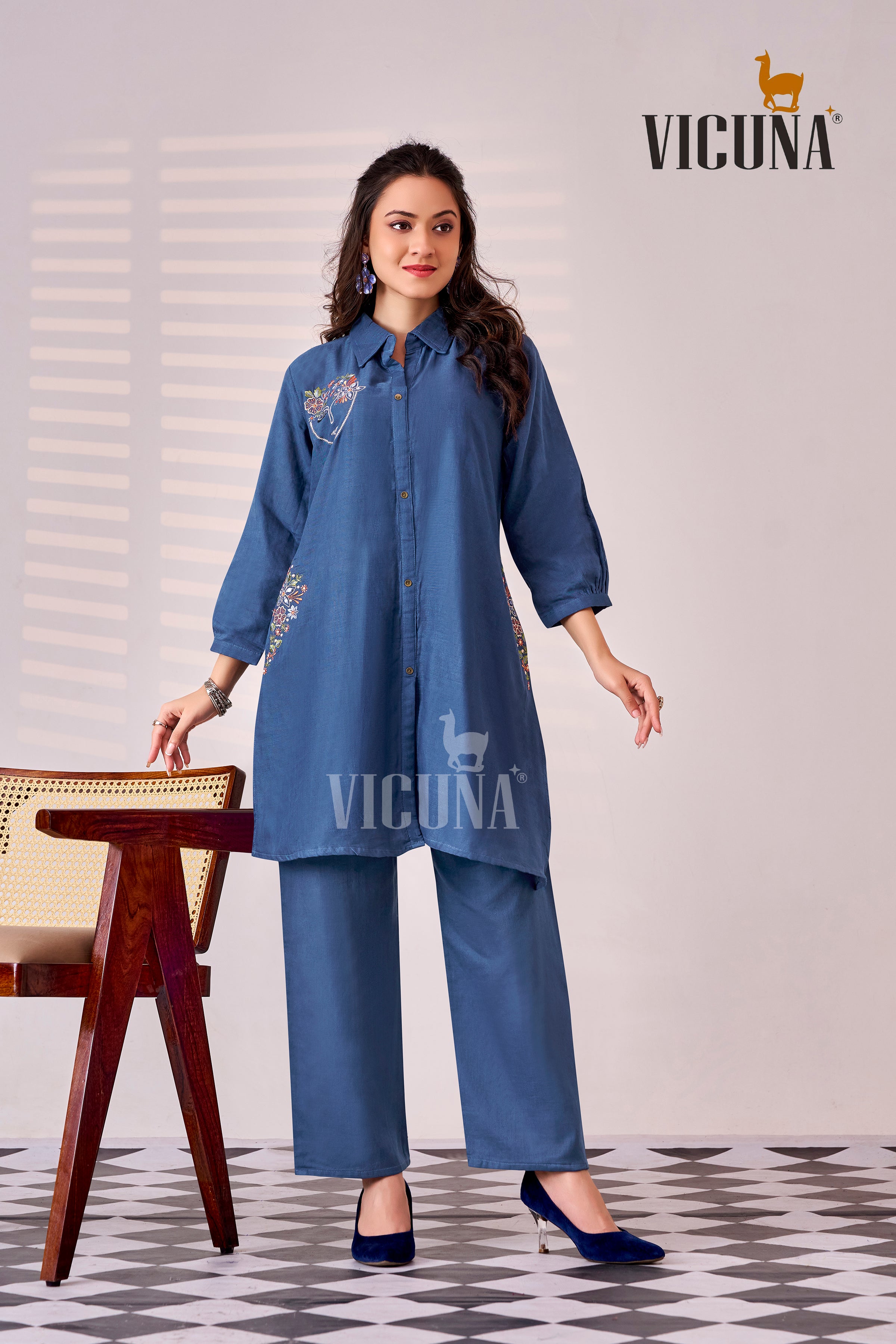 Double Cloth Cotton Short Co-ord Set with Mirror Work in Blue, White & Green
