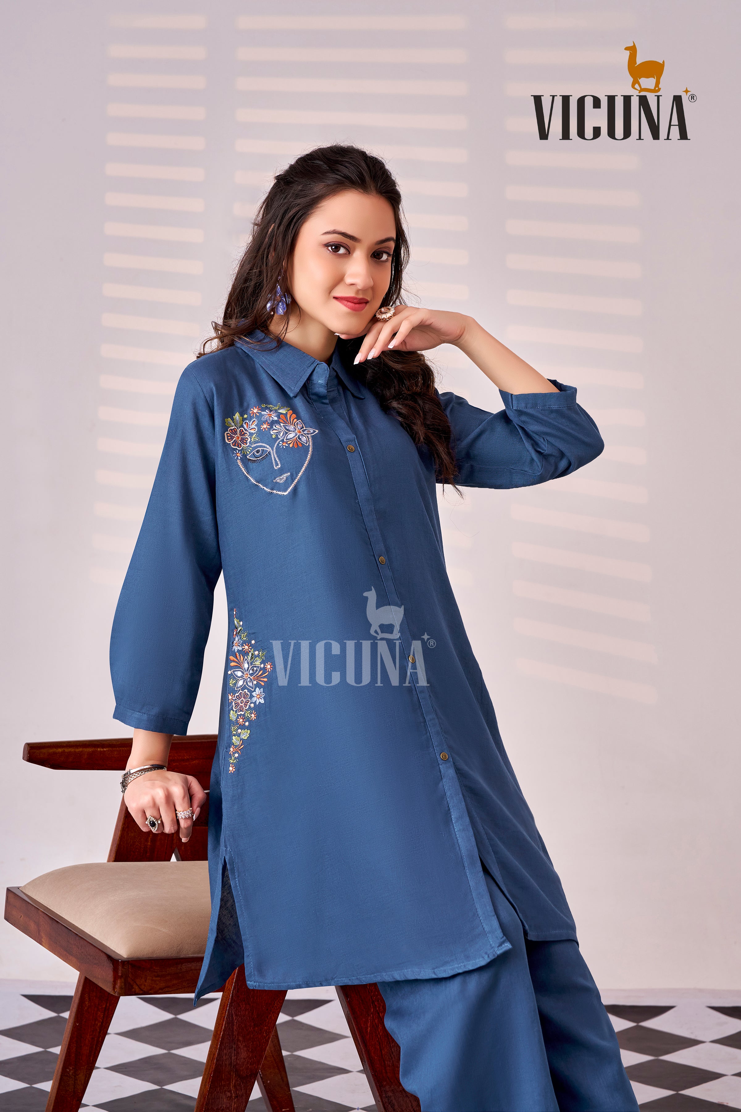 Double Cloth Cotton Short Co-ord Set with Mirror Work in Blue, White & Green