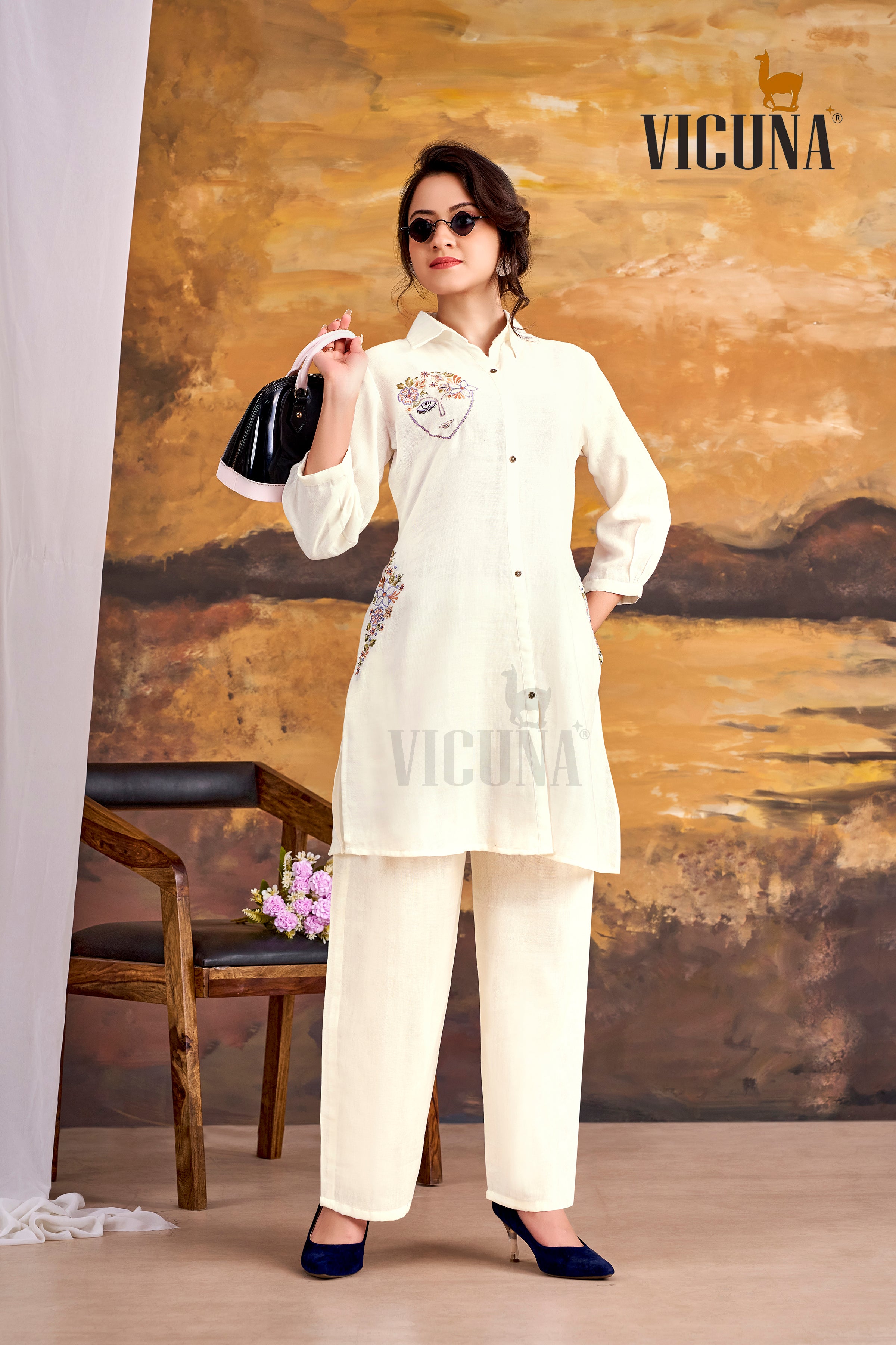 Double Cloth Cotton Short Co-ord Set with Mirror Work in Blue, White & Green