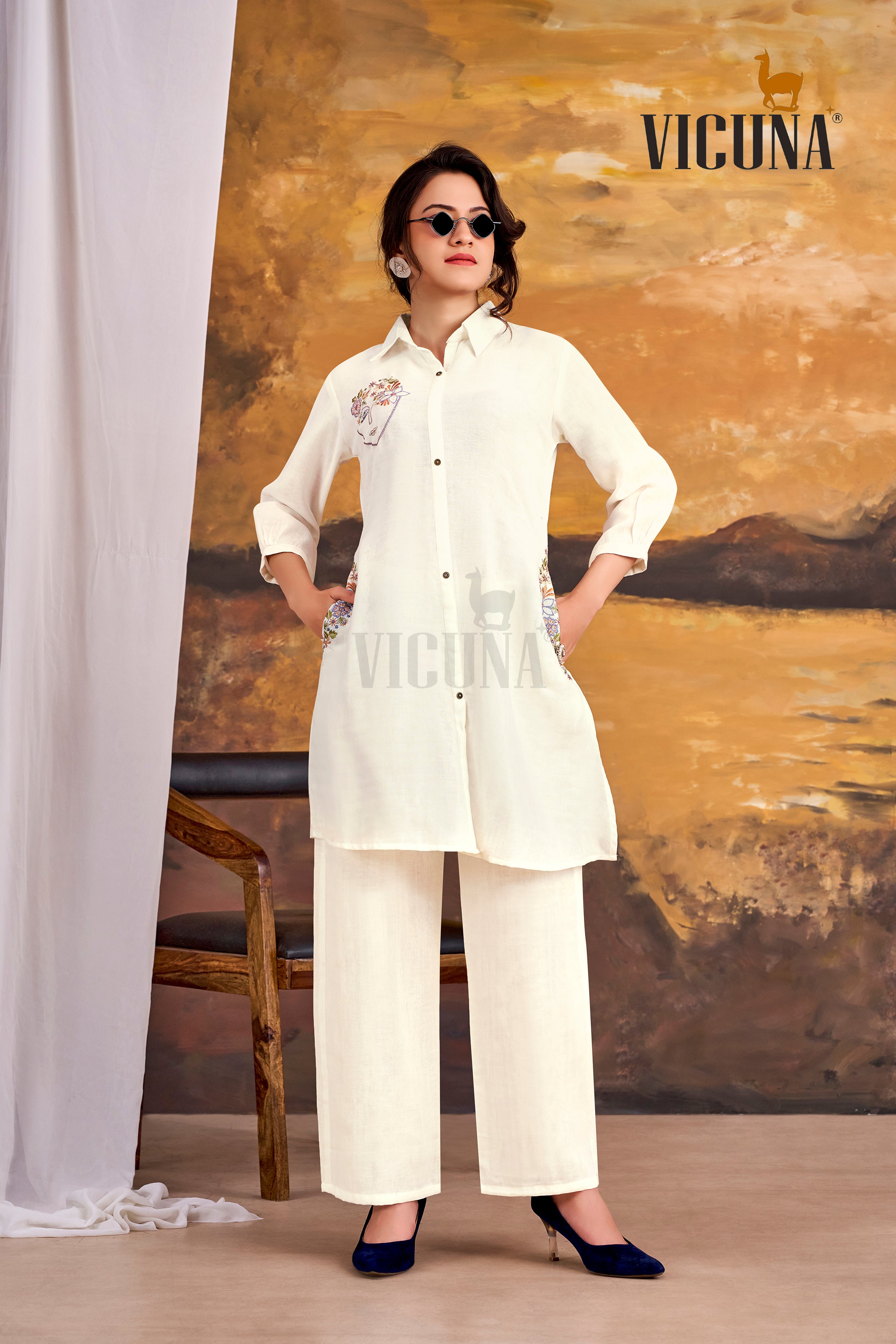 Double Cloth Cotton Short Co-ord Set with Mirror Work in Blue, White & Green