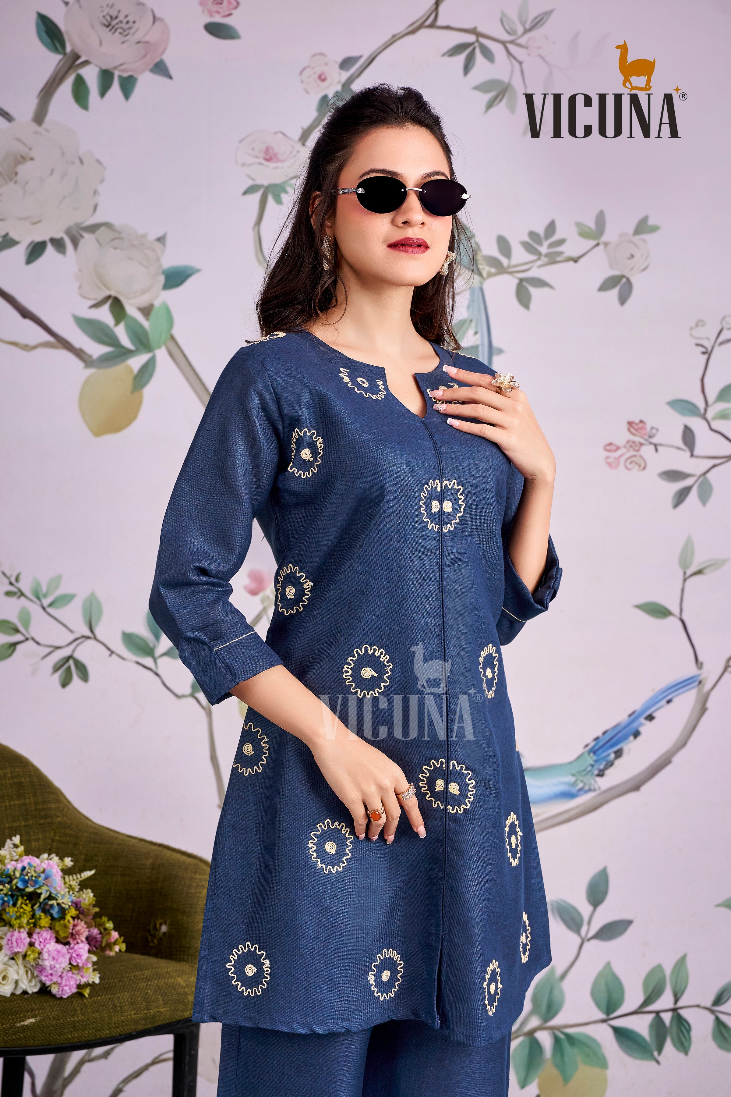 Linen Satin Embroidered Short Co-ord Set in Chocolate & Blue