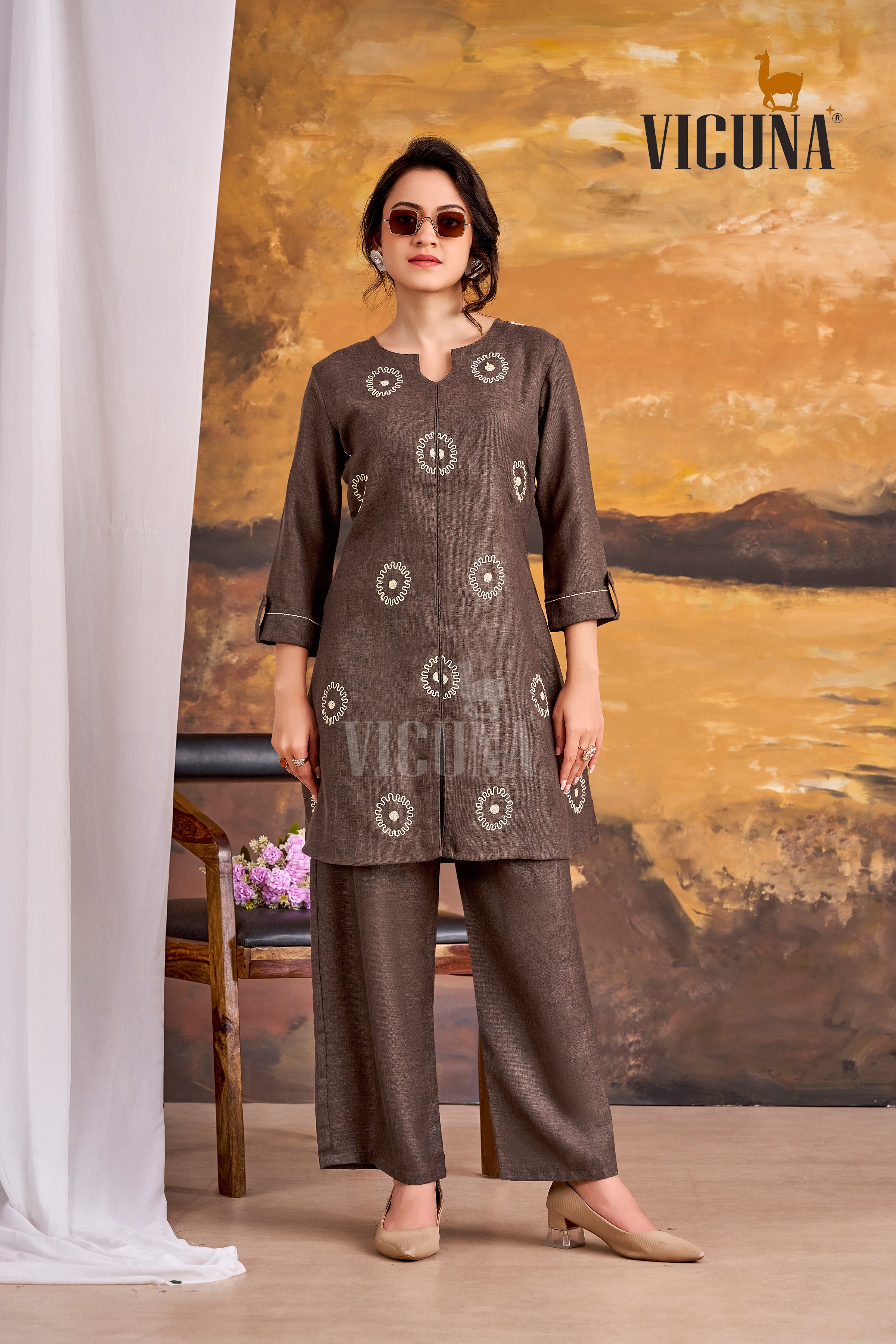 Linen Satin Embroidered Short Co-ord Set in Chocolate & Blue