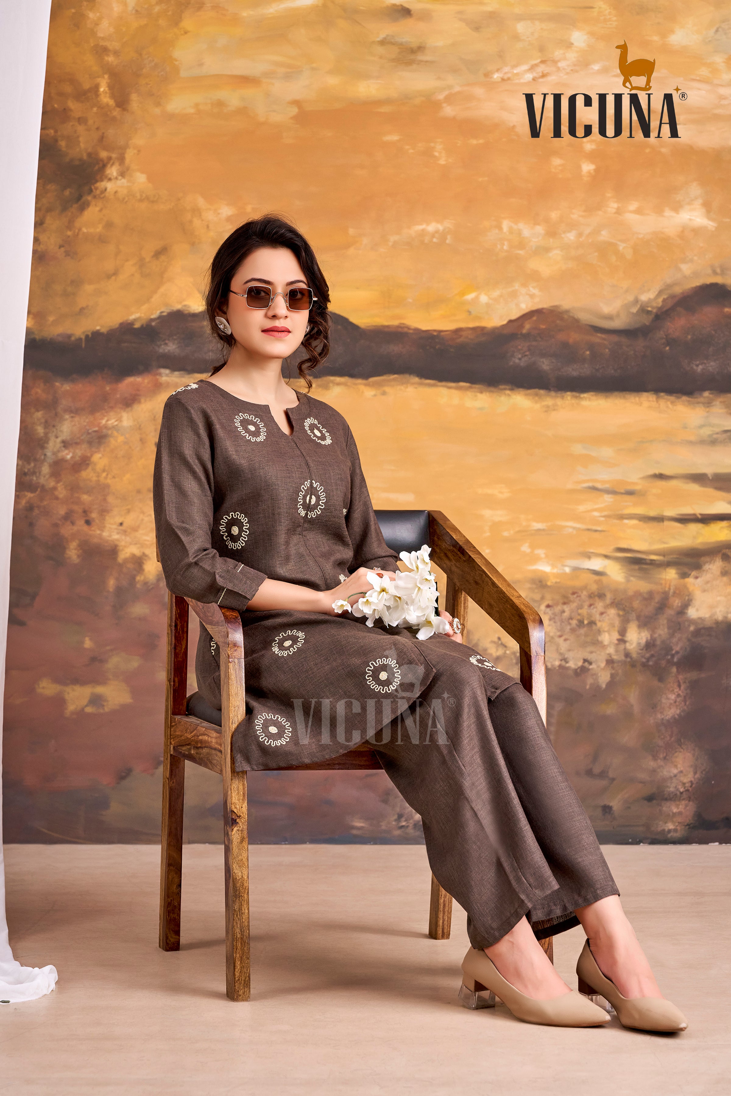 Linen Satin Embroidered Short Co-ord Set in Chocolate & Blue