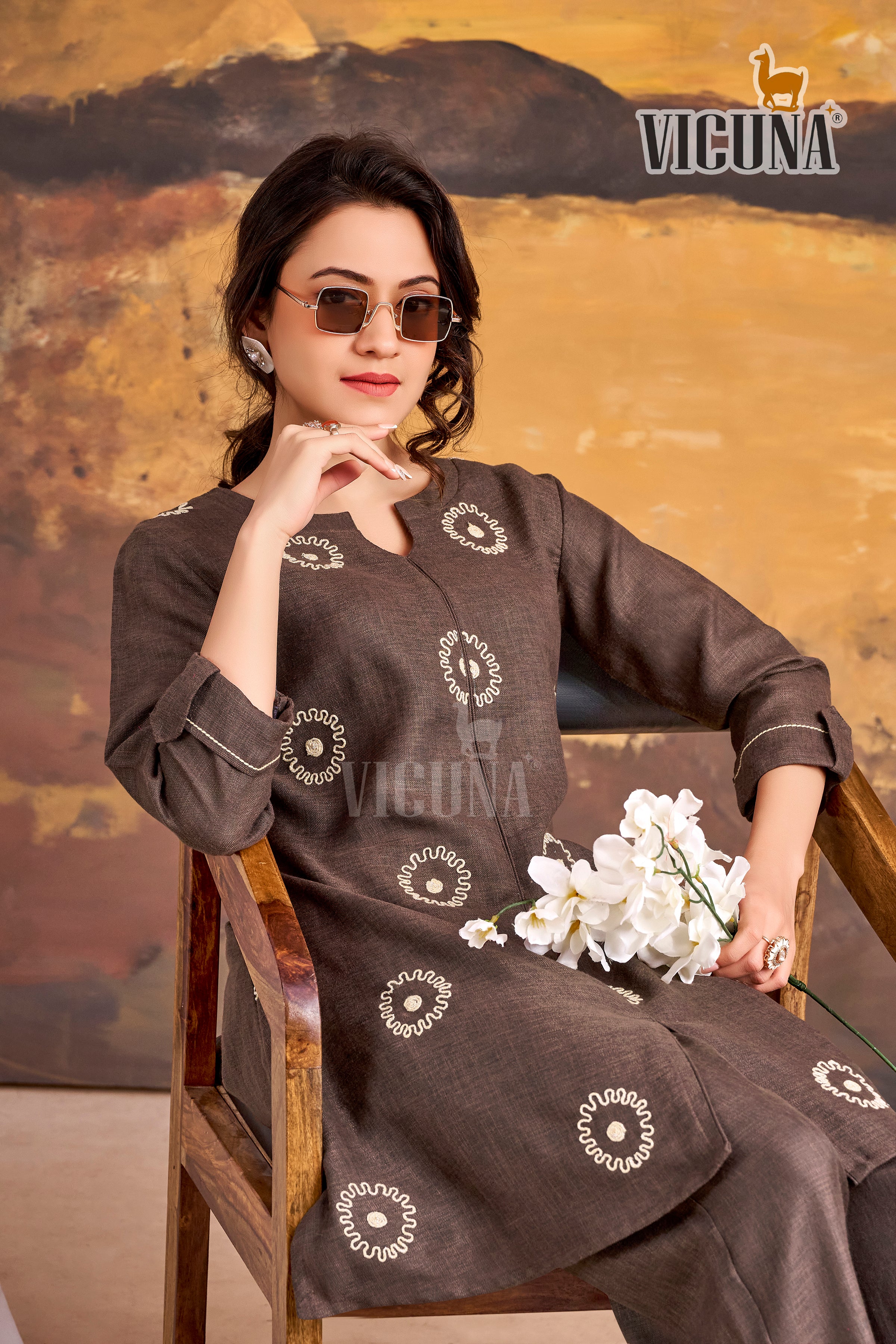 Linen Satin Embroidered Short Co-ord Set in Chocolate & Blue
