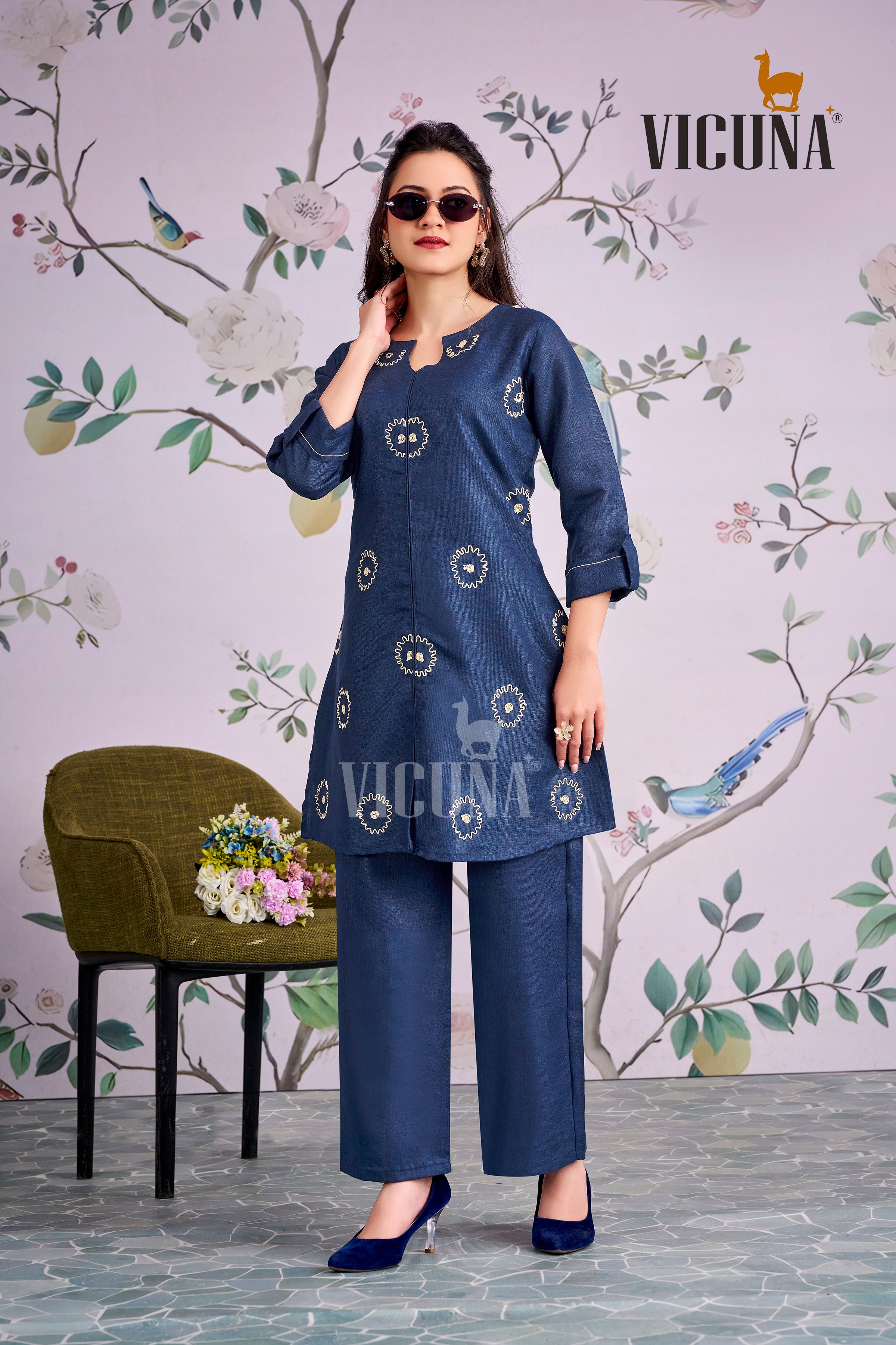 Linen Satin Embroidered Short Co-ord Set in Chocolate & Blue