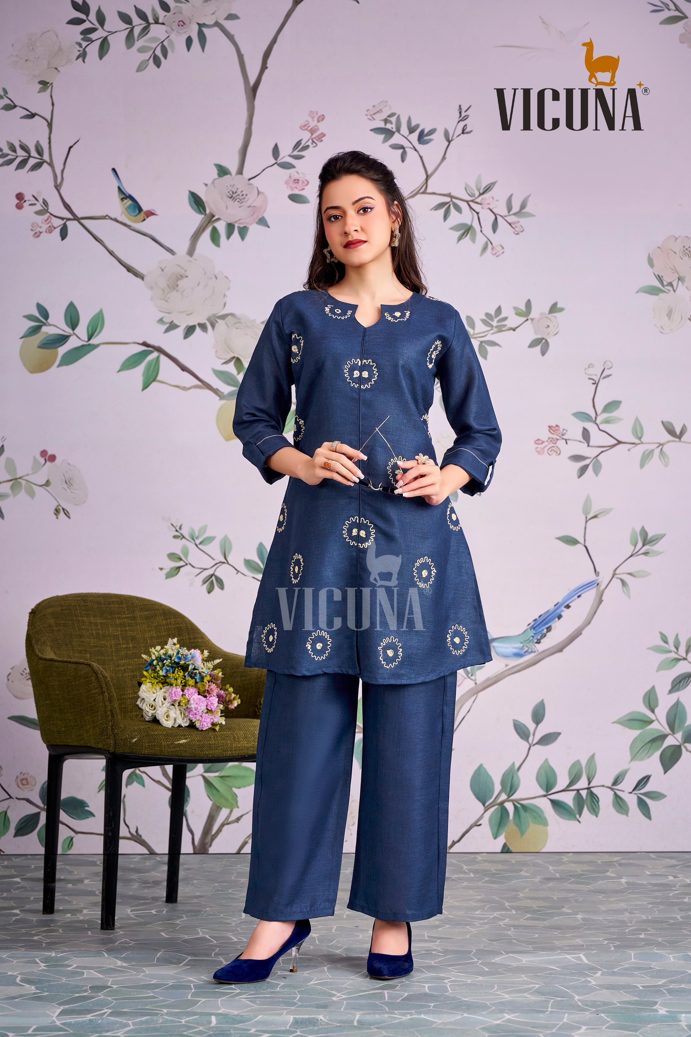 Linen Satin Embroidered Short Co-ord Set in Chocolate & Blue