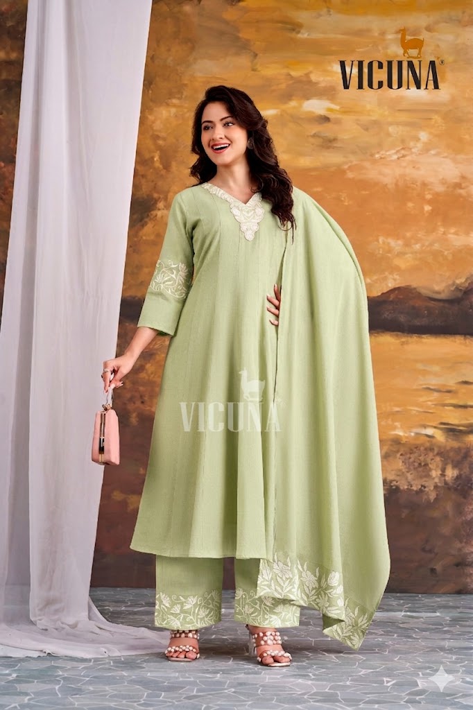 Pure Cotton Embroidered Suit Set in Chiku & Pista