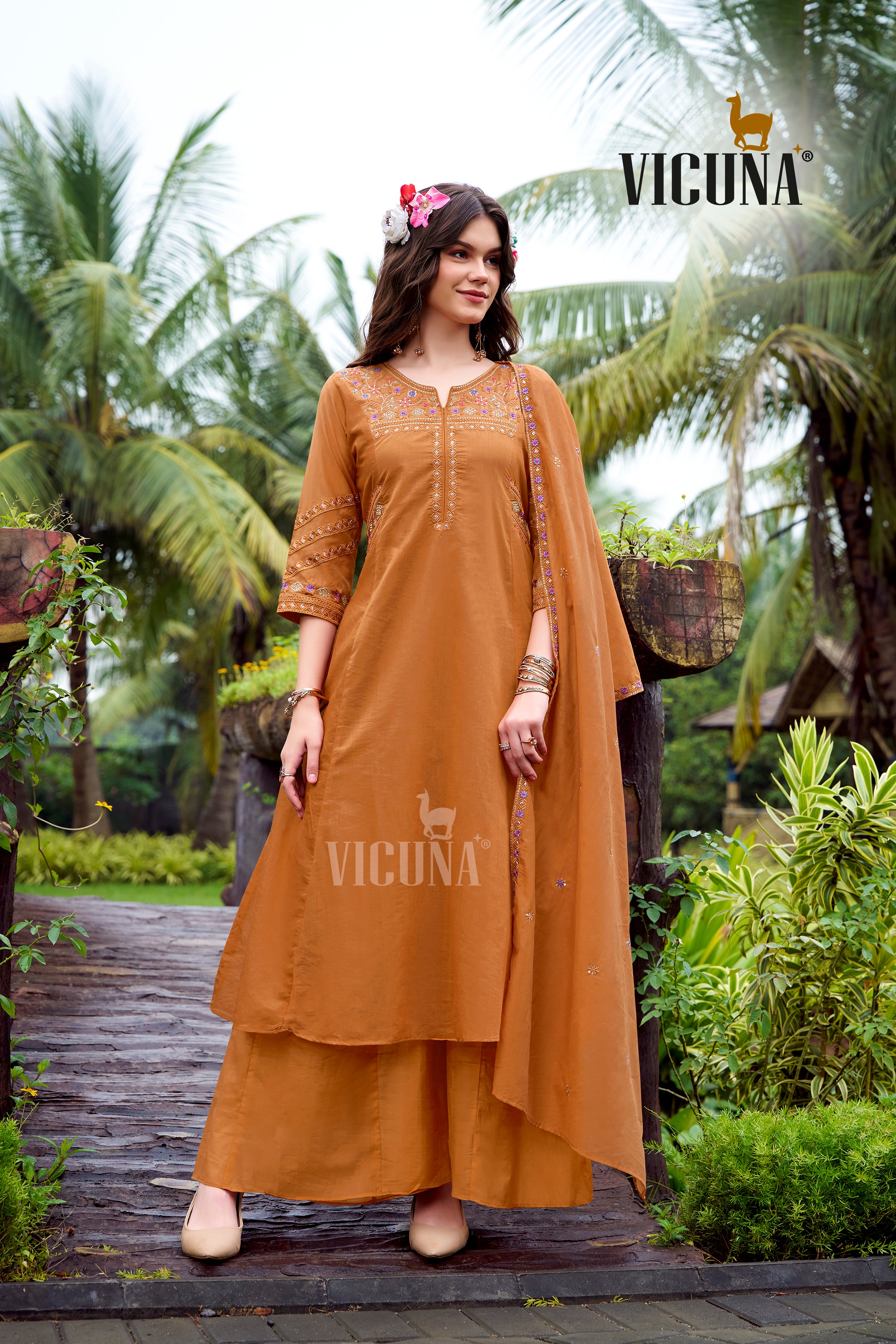 Mal Chanderi Embroidered Suit Set with Embroidered Dupatta in Rust(Orange)