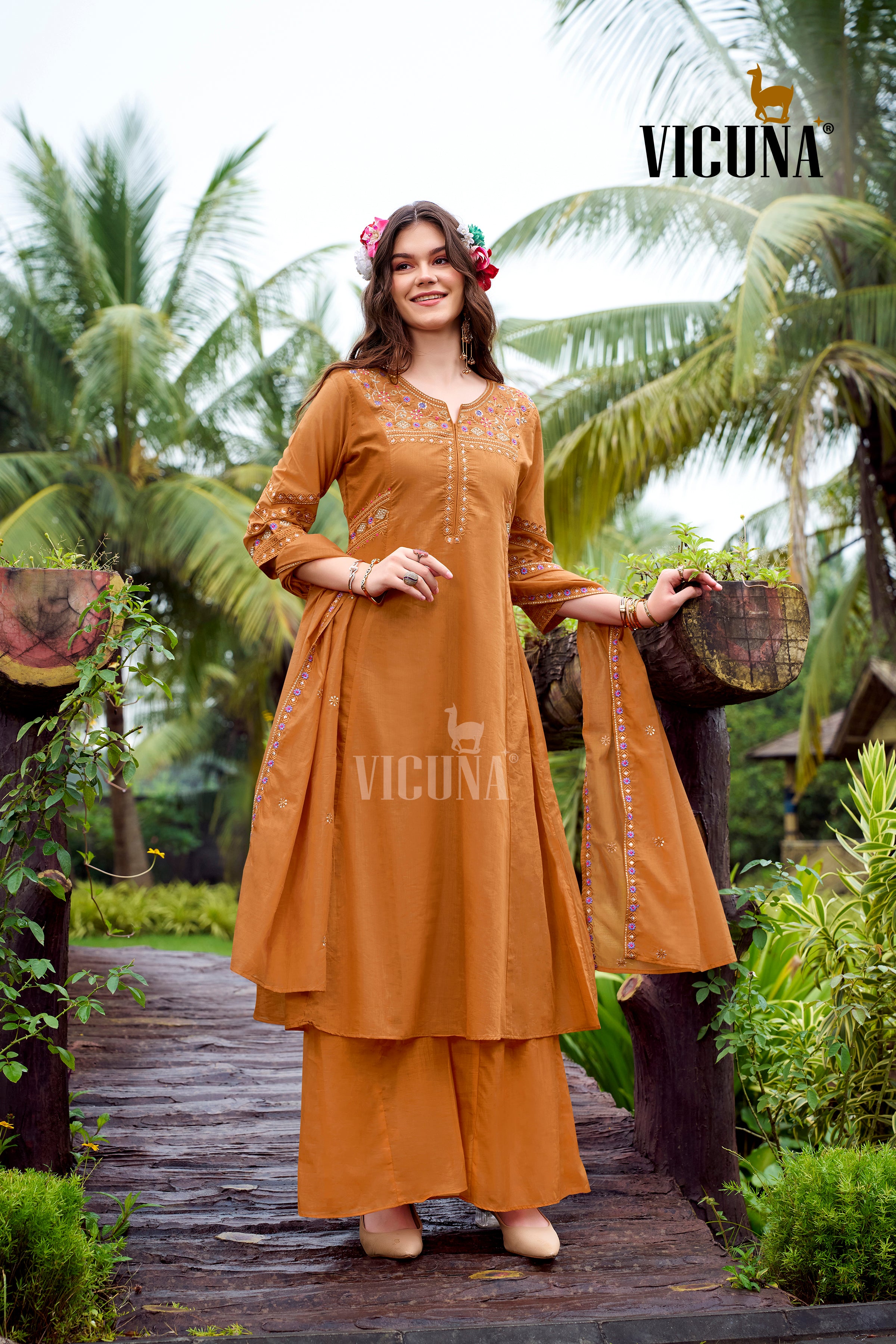 Mal Chanderi Embroidered Suit Set with Embroidered Dupatta in Rust(Orange)