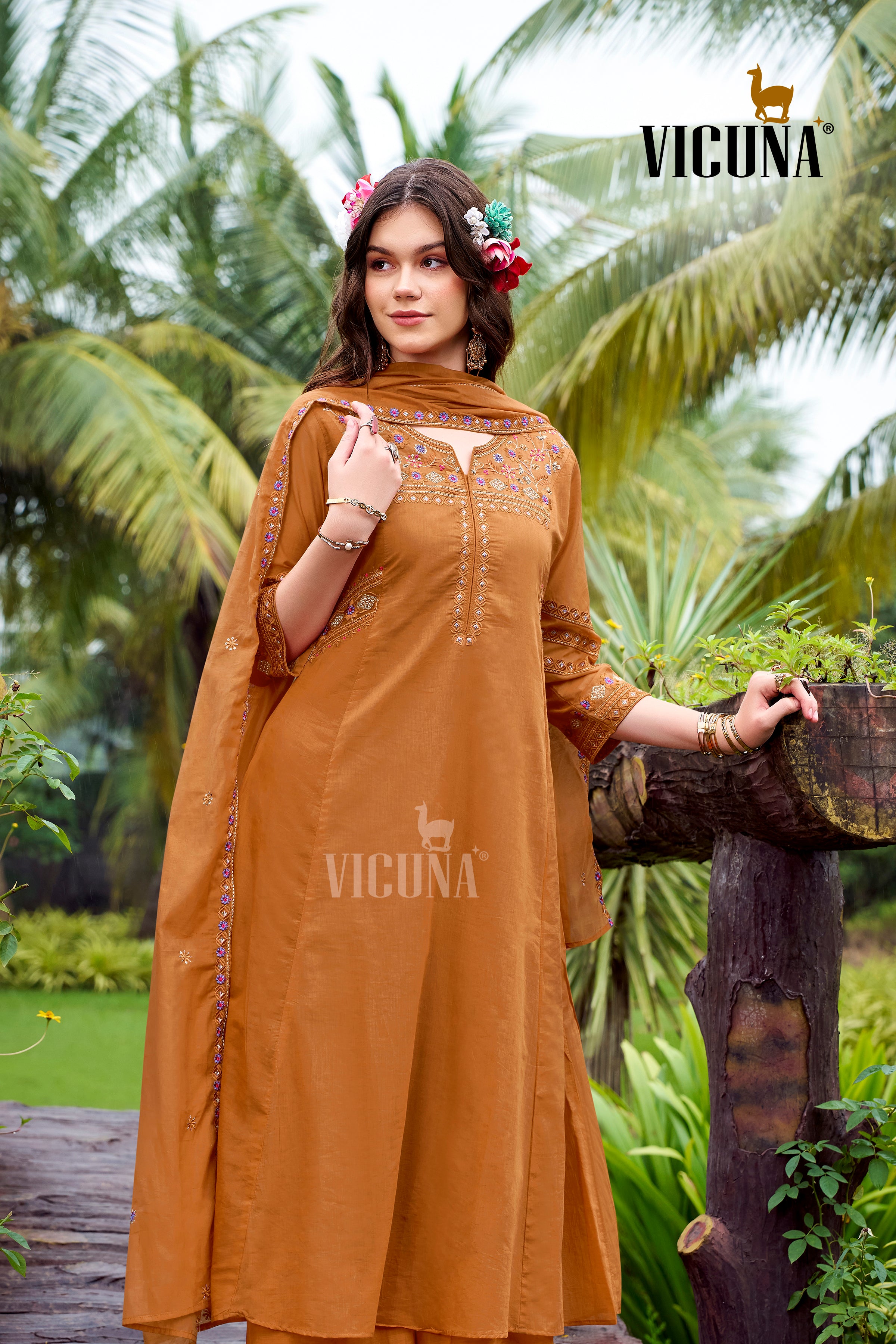 Mal Chanderi Embroidered Suit Set with Embroidered Dupatta in Rust(Orange)