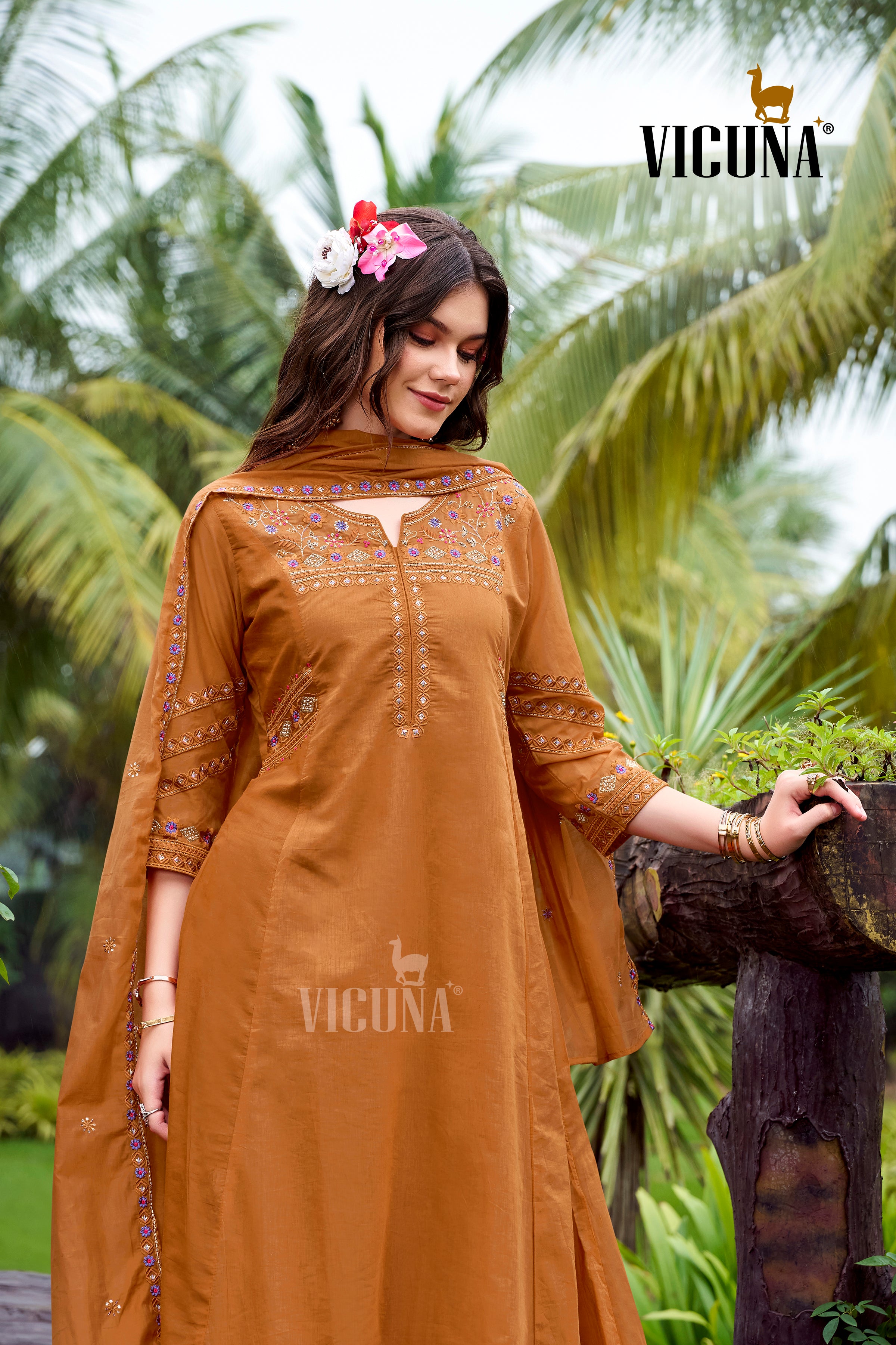 Mal Chanderi Embroidered Suit Set with Embroidered Dupatta in Rust(Orange)