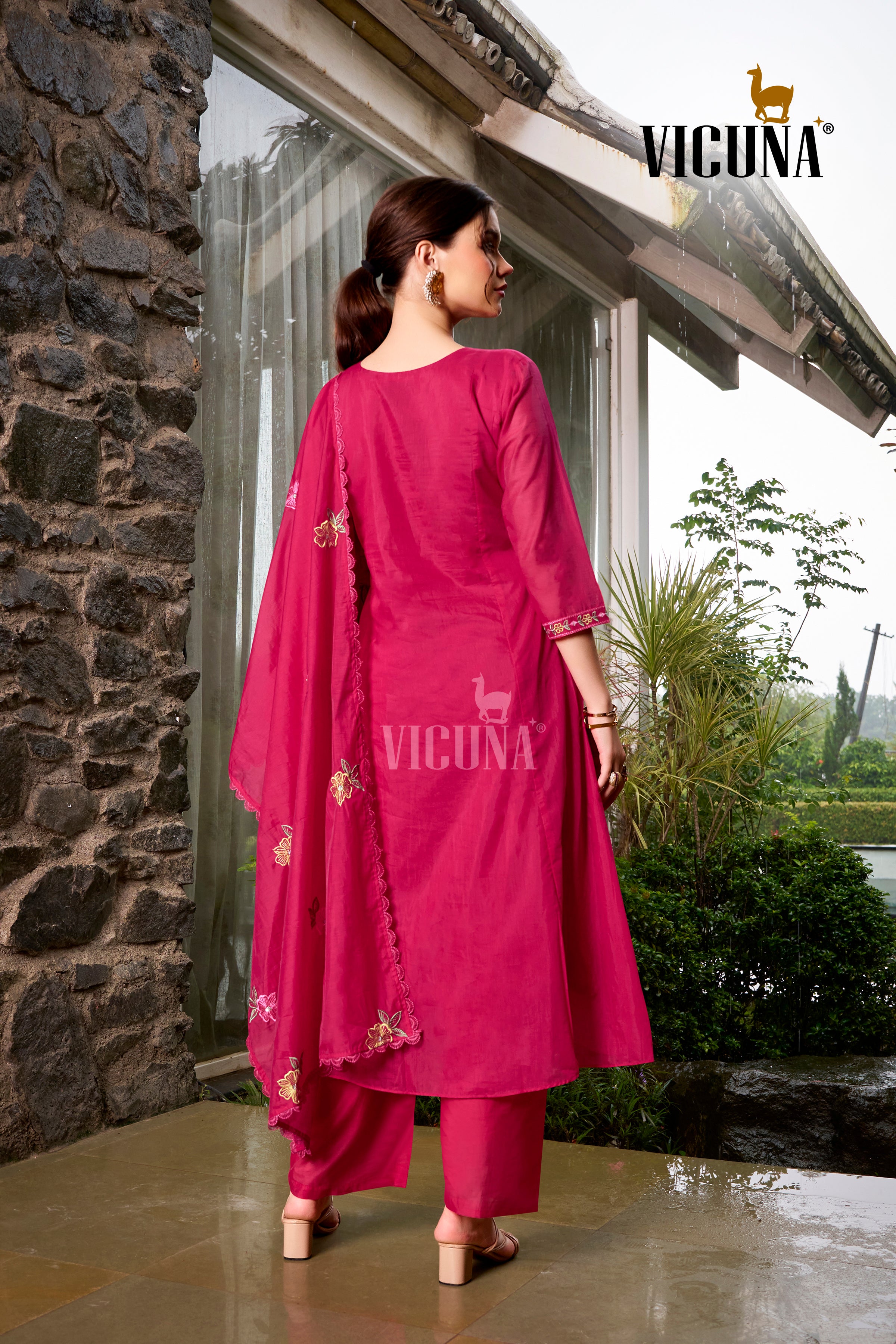 Mal Chanderi Embroidered Suit Set with Pleating Work in Rani