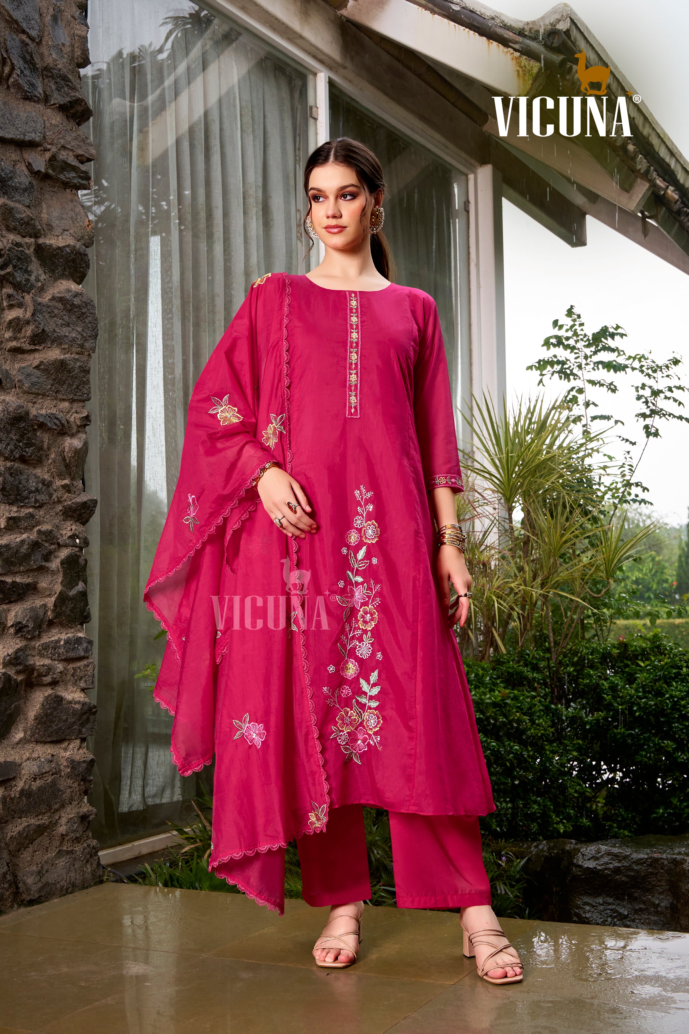 Mal Chanderi Embroidered Suit Set with Pleating Work in Rani