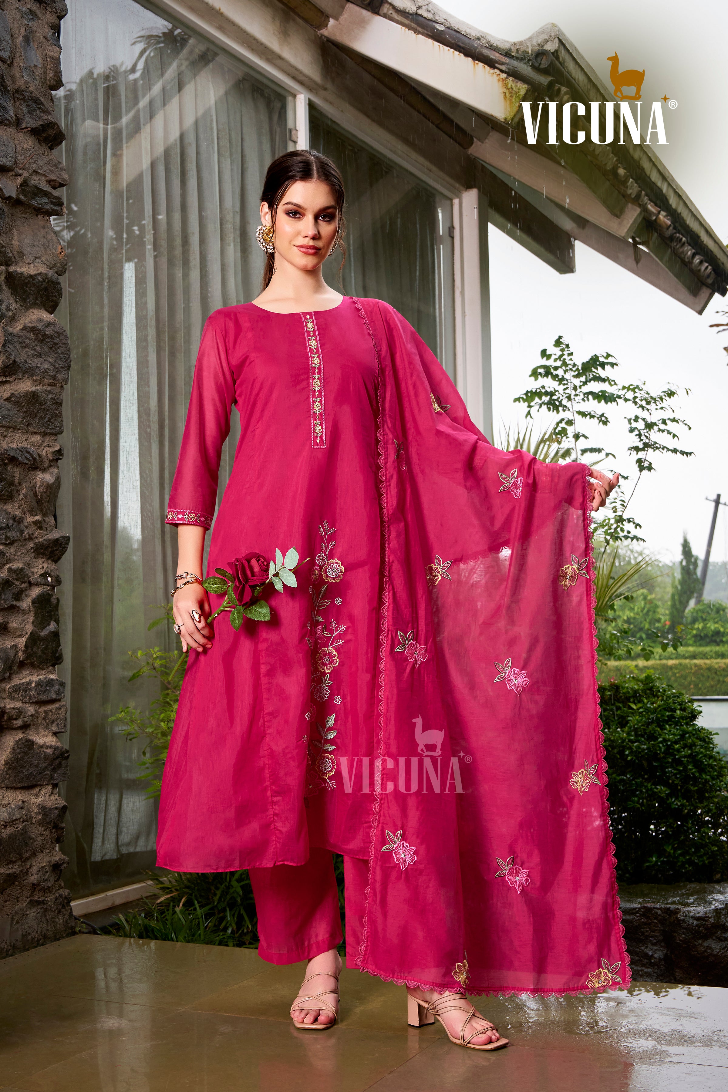 Mal Chanderi Embroidered Suit Set with Pleating Work in Rani