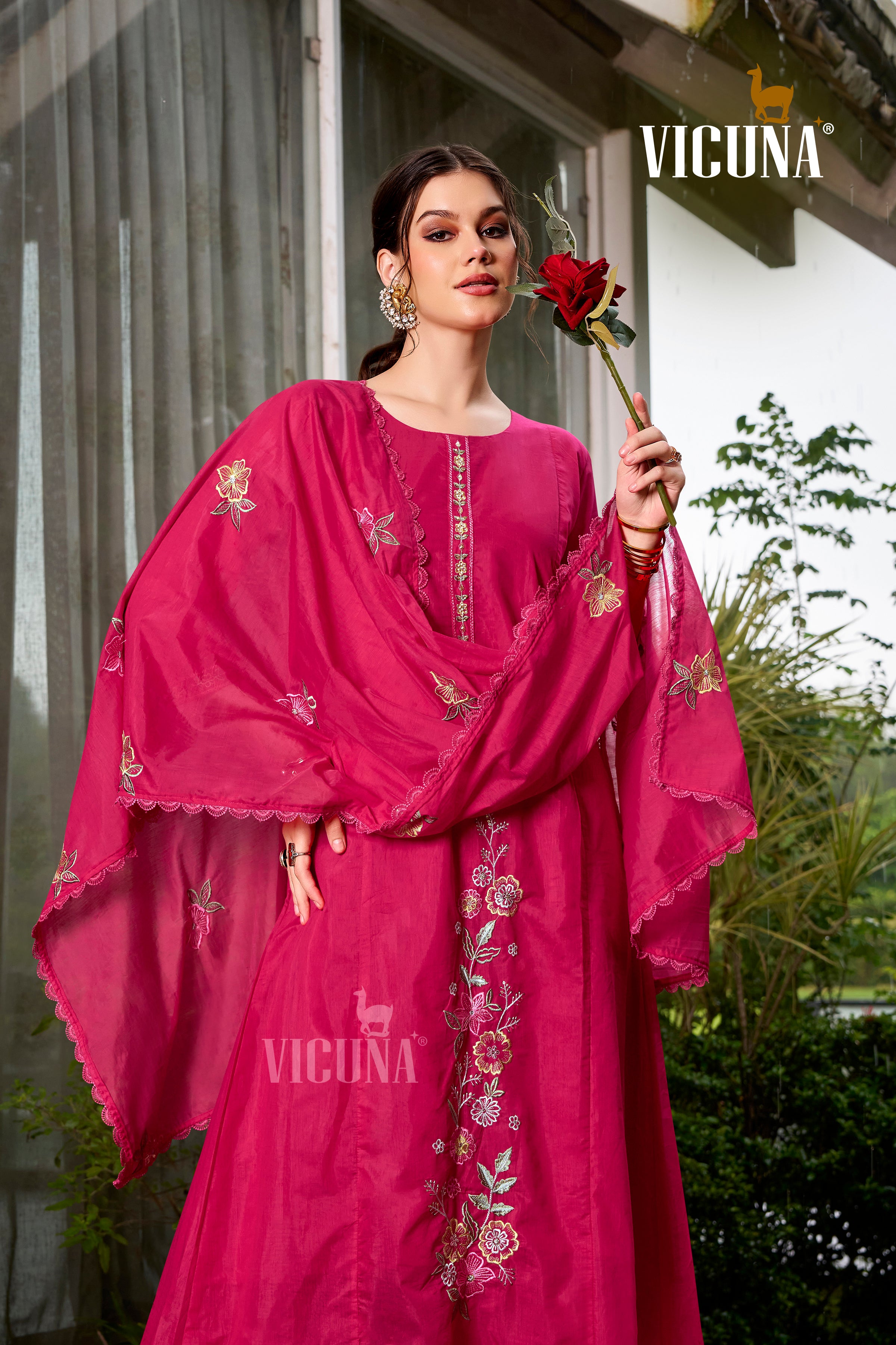 Mal Chanderi Embroidered Suit Set with Pleating Work in Rani