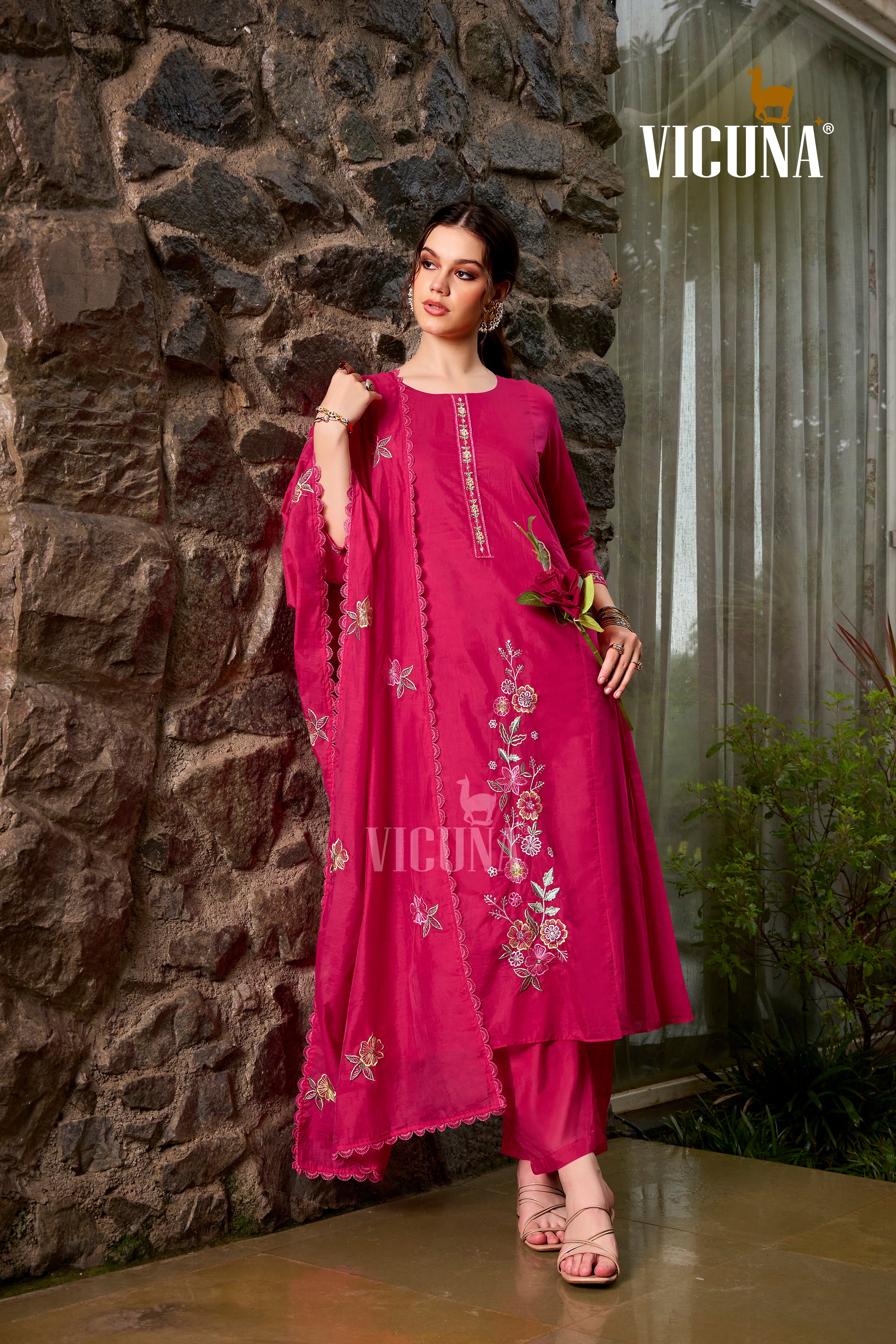 Mal Chanderi Embroidered Suit Set with Pleating Work in Rani