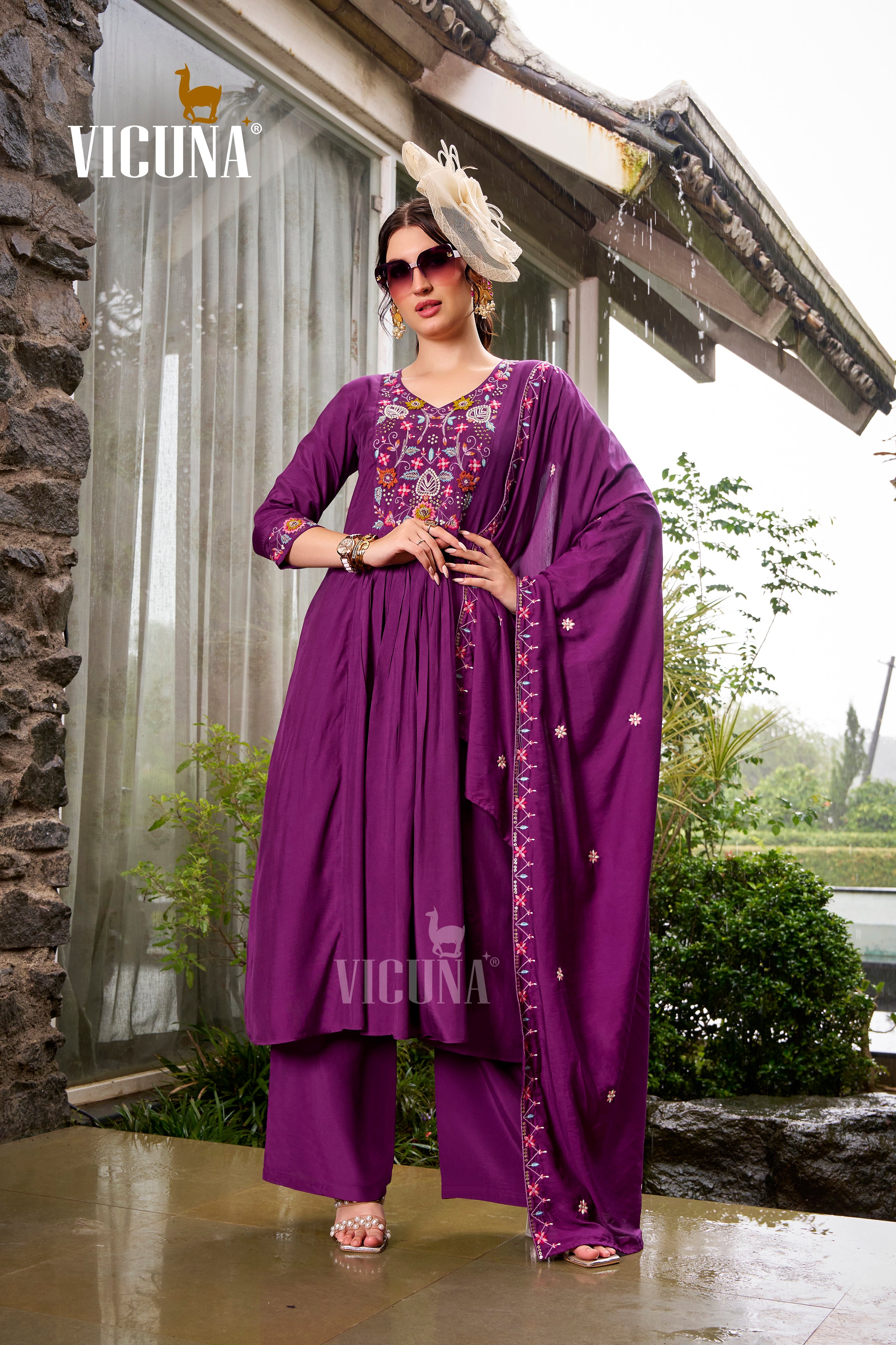 Muslin Embroidered Suit Set with Embroidered Dupatta in Purple & Mehndi