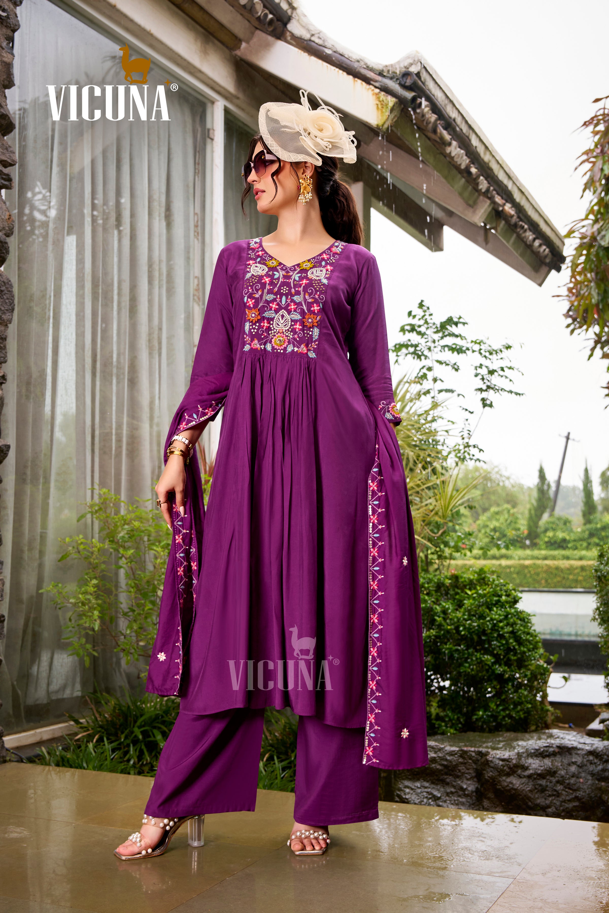 Muslin Embroidered Suit Set with Embroidered Dupatta in Purple & Mehndi