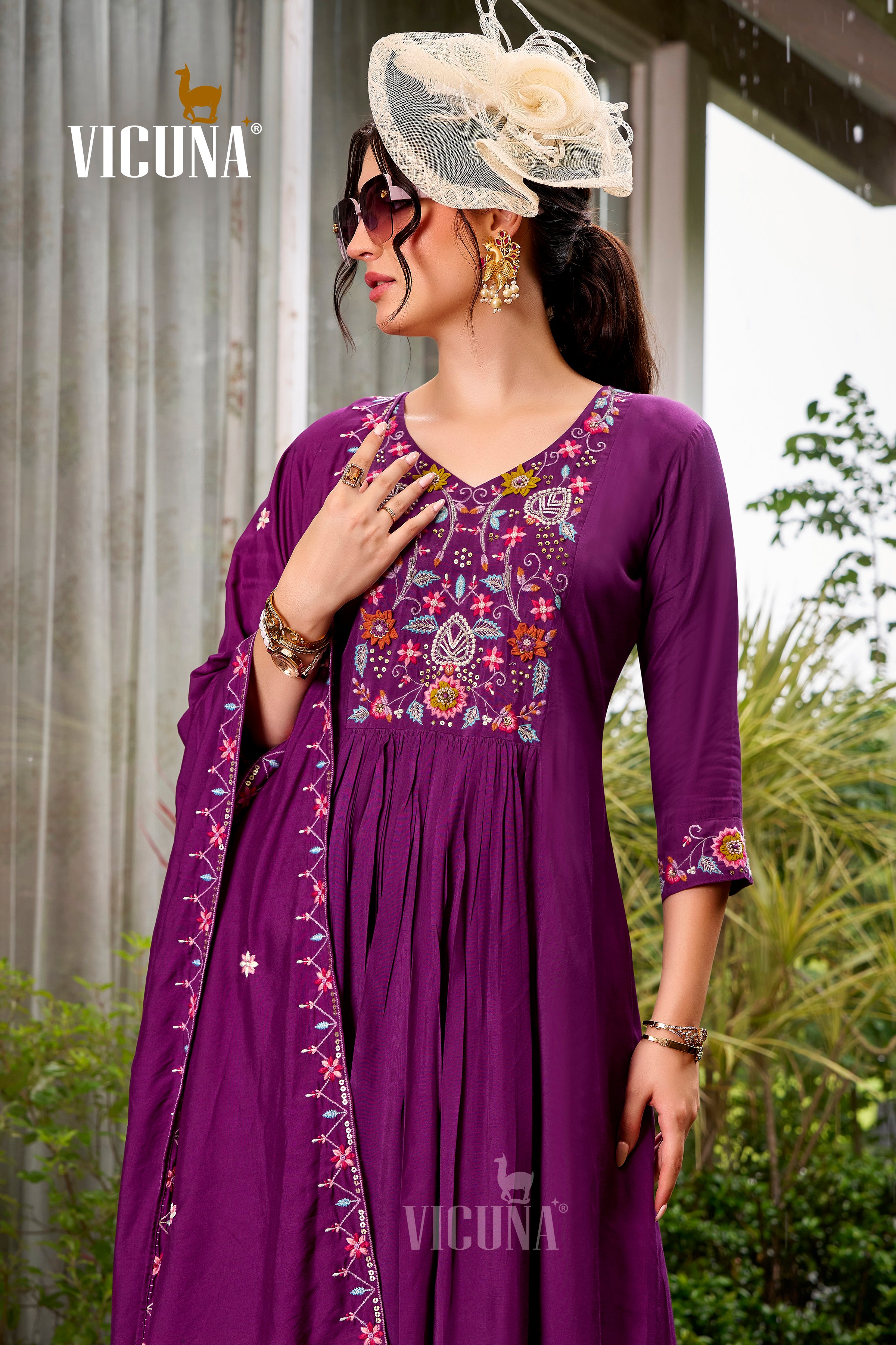 Muslin Embroidered Suit Set with Embroidered Dupatta in Purple & Mehndi