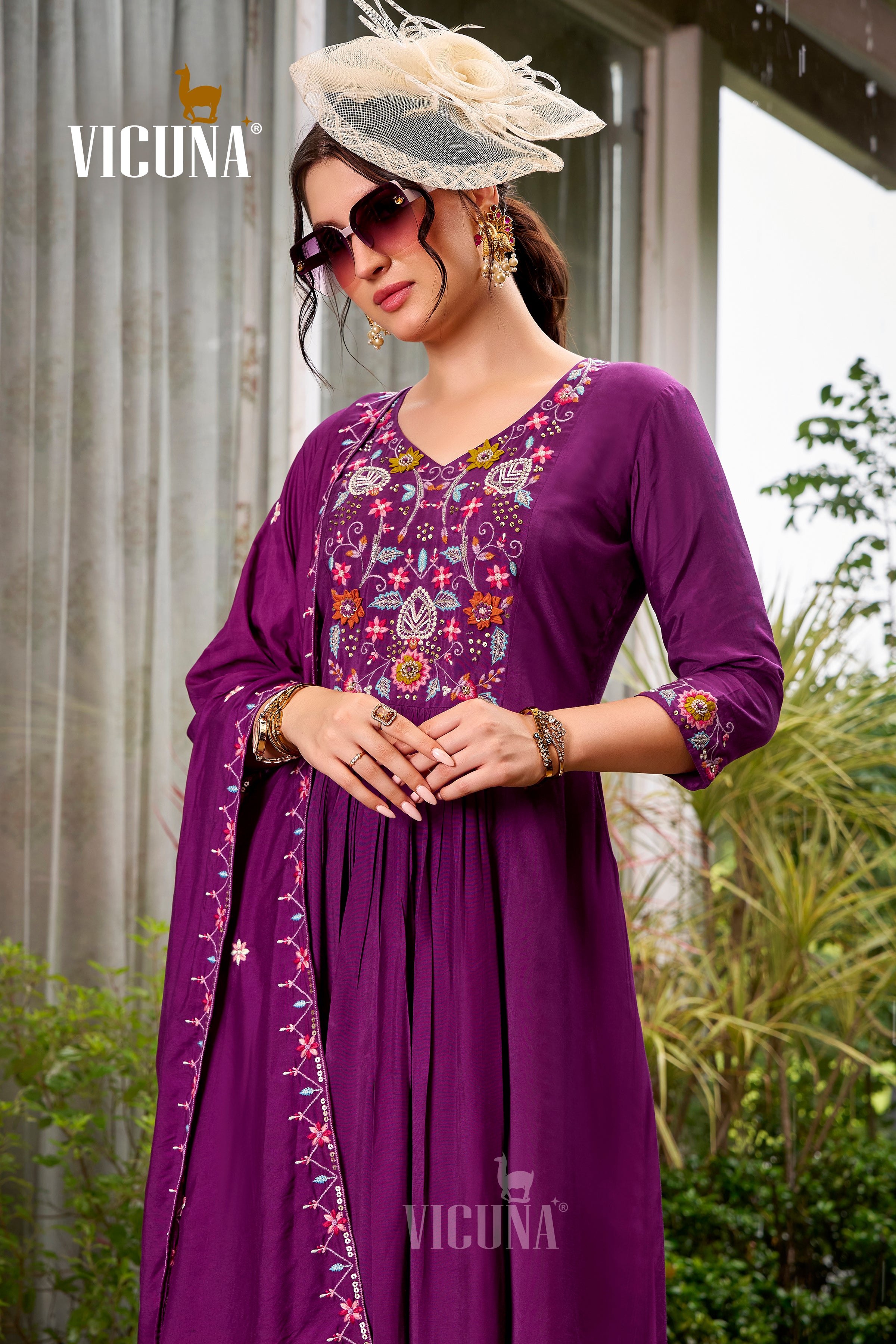 Muslin Embroidered Suit Set with Embroidered Dupatta in Purple & Mehndi