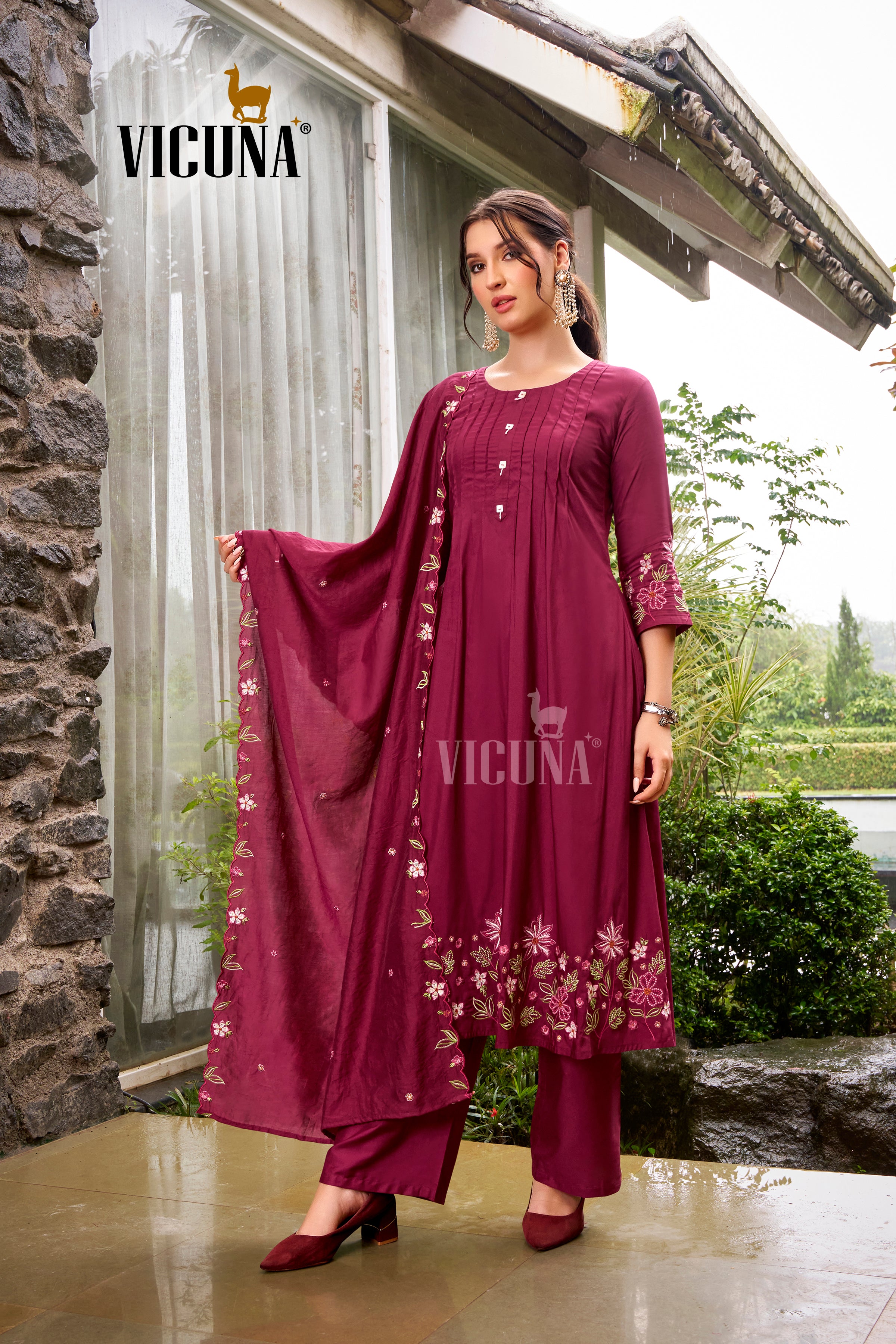 Maroon Chanderi Embroidered Suit Set with Embroidered Dupatta in Maroon