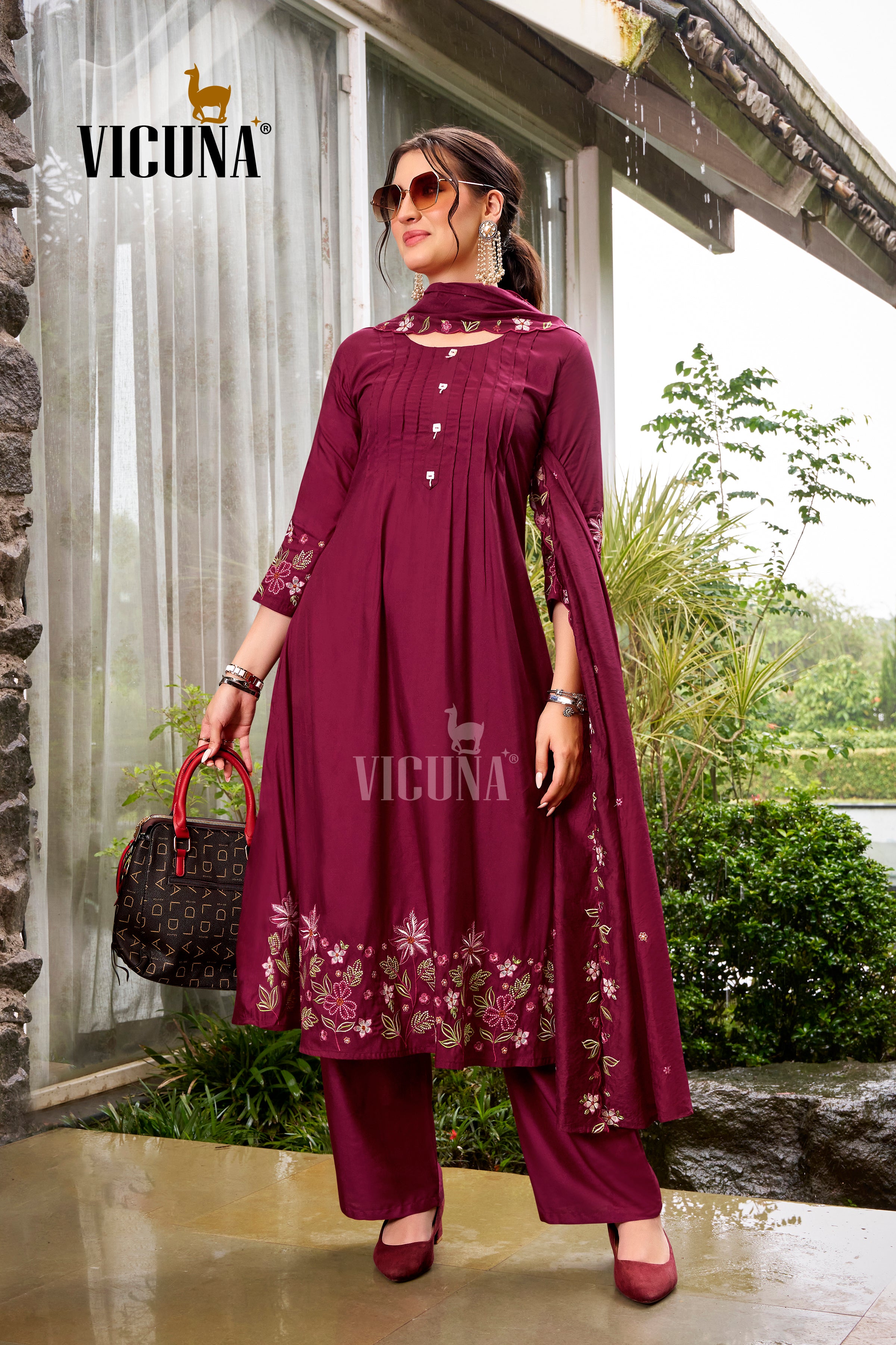 Maroon Chanderi Embroidered Suit Set with Embroidered Dupatta in Maroon