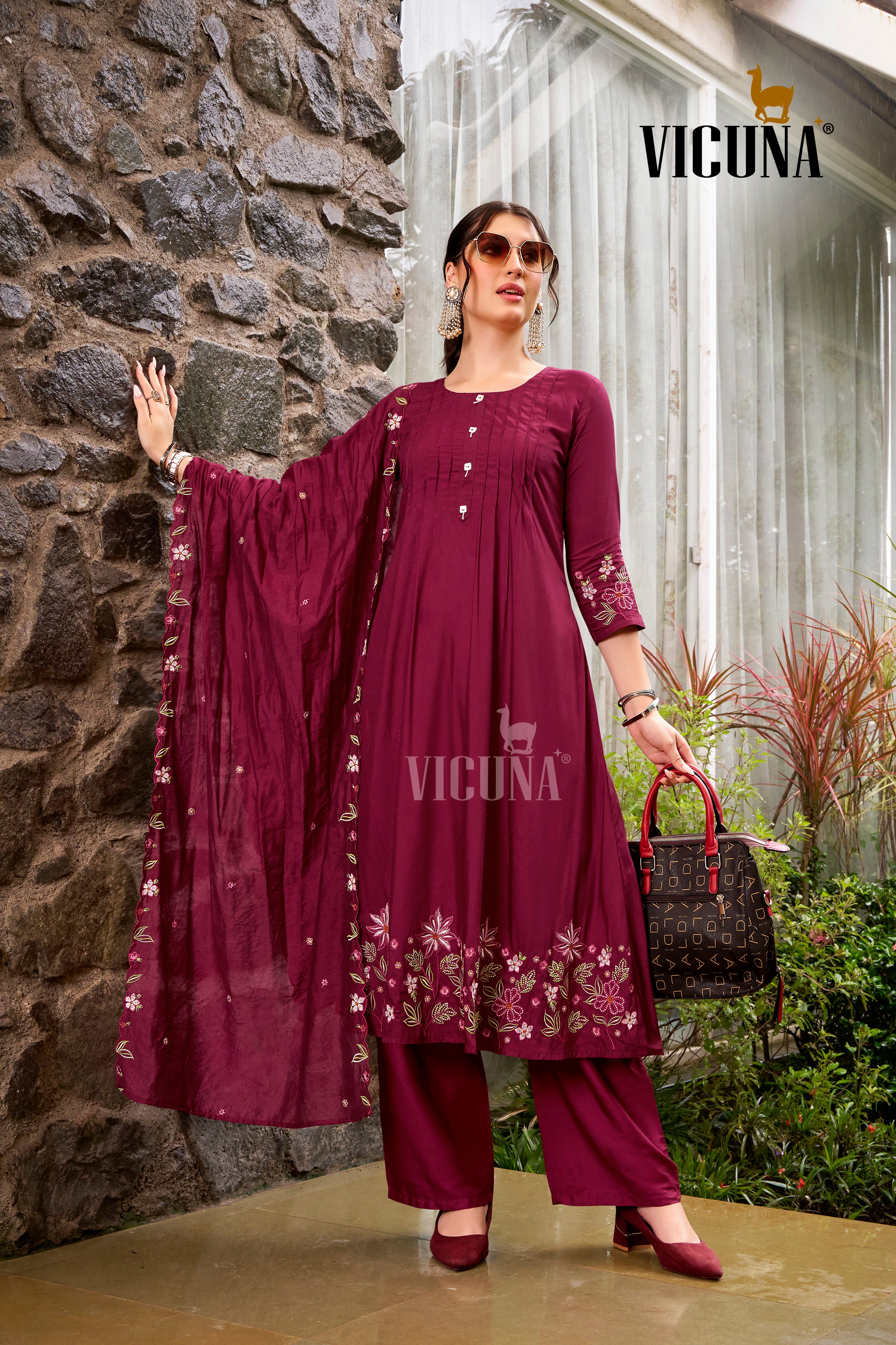 Maroon Chanderi Embroidered Suit Set with Embroidered Dupatta in Maroon