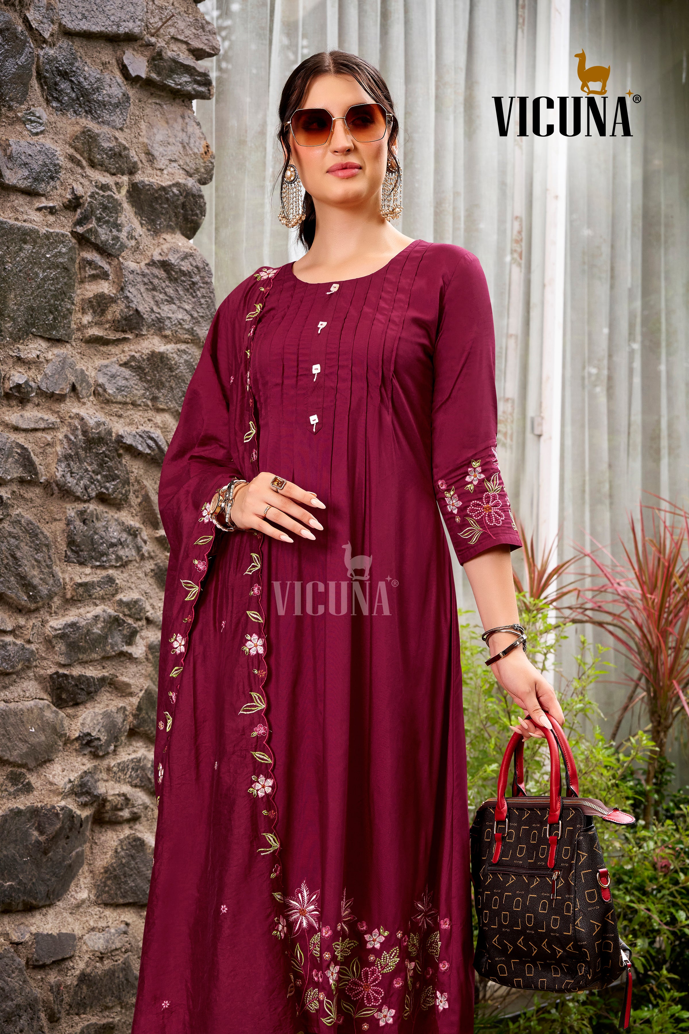 Maroon Chanderi Embroidered Suit Set with Embroidered Dupatta in Maroon