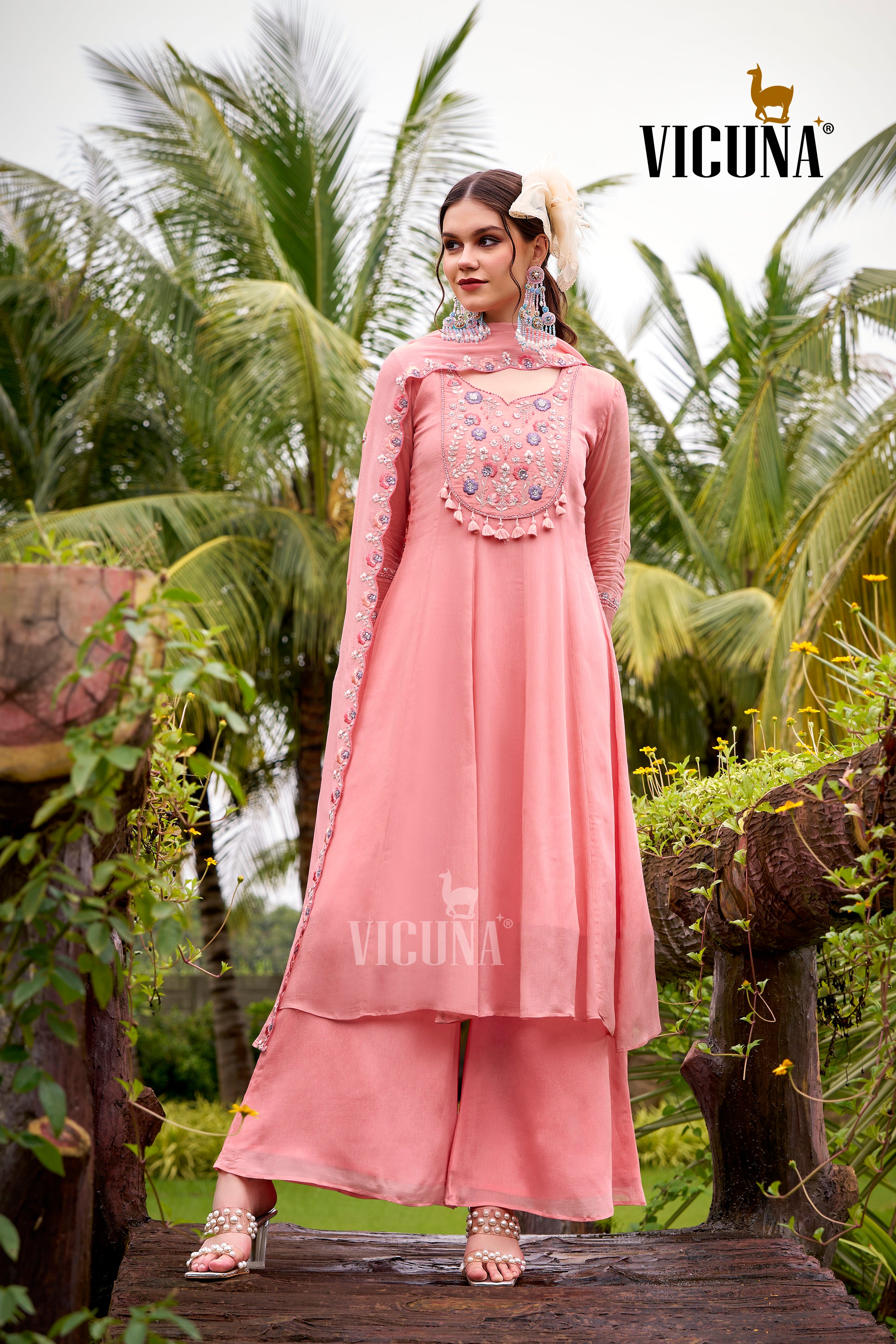 Chinon Handcrafted Suit Set with Embroidered Dupatta in Peech