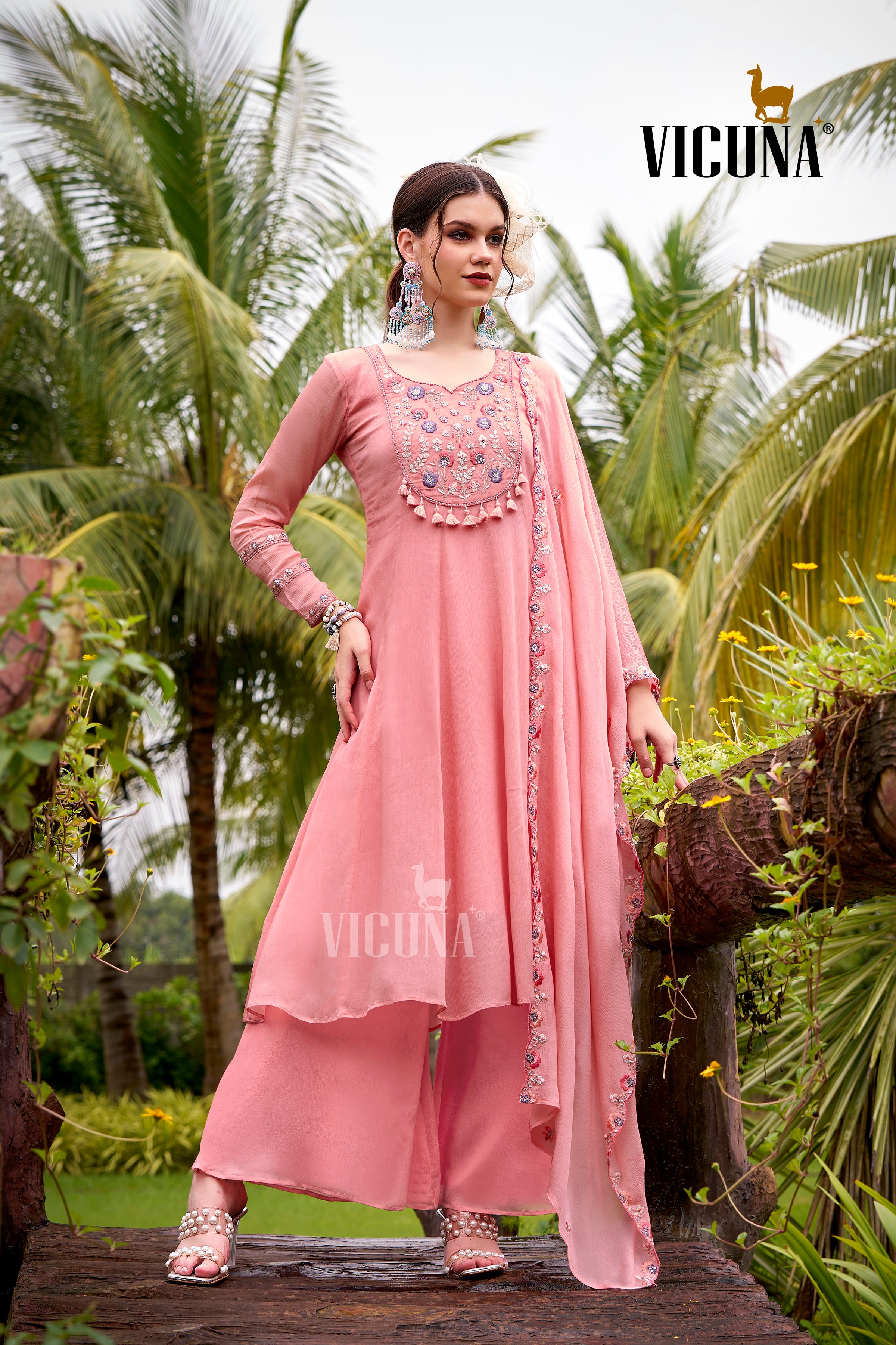 Chinon Handcrafted Suit Set with Embroidered Dupatta in Peech