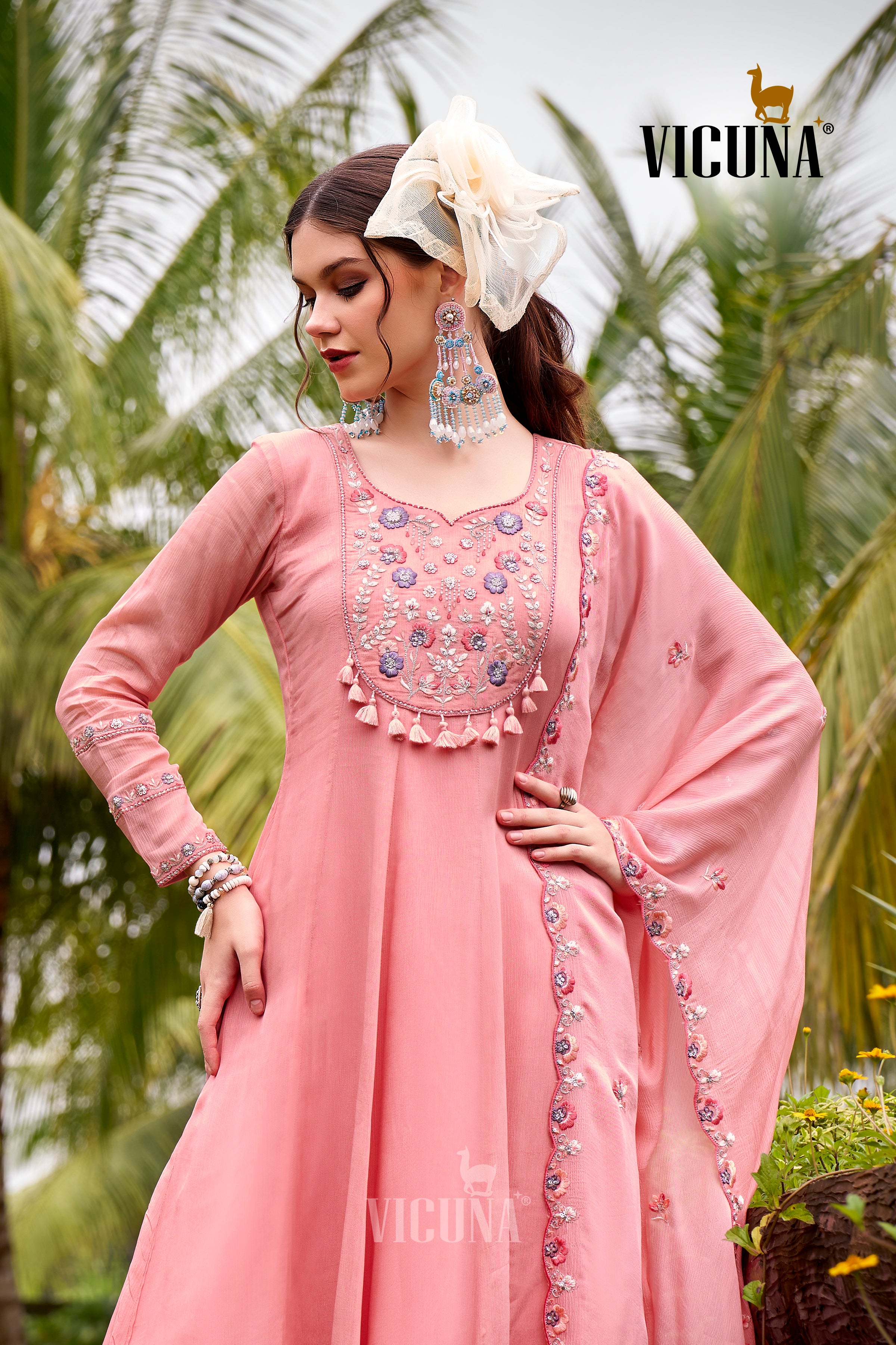 Chinon Handcrafted Suit Set with Embroidered Dupatta in Peech
