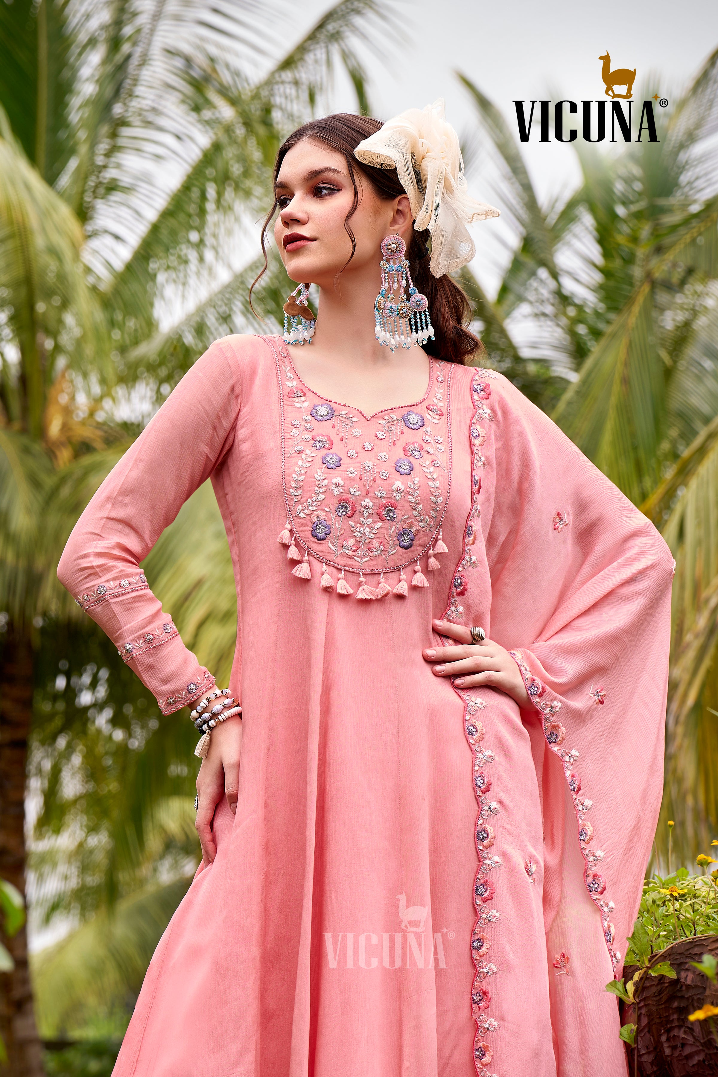 Chinon Handcrafted Suit Set with Embroidered Dupatta in Peech