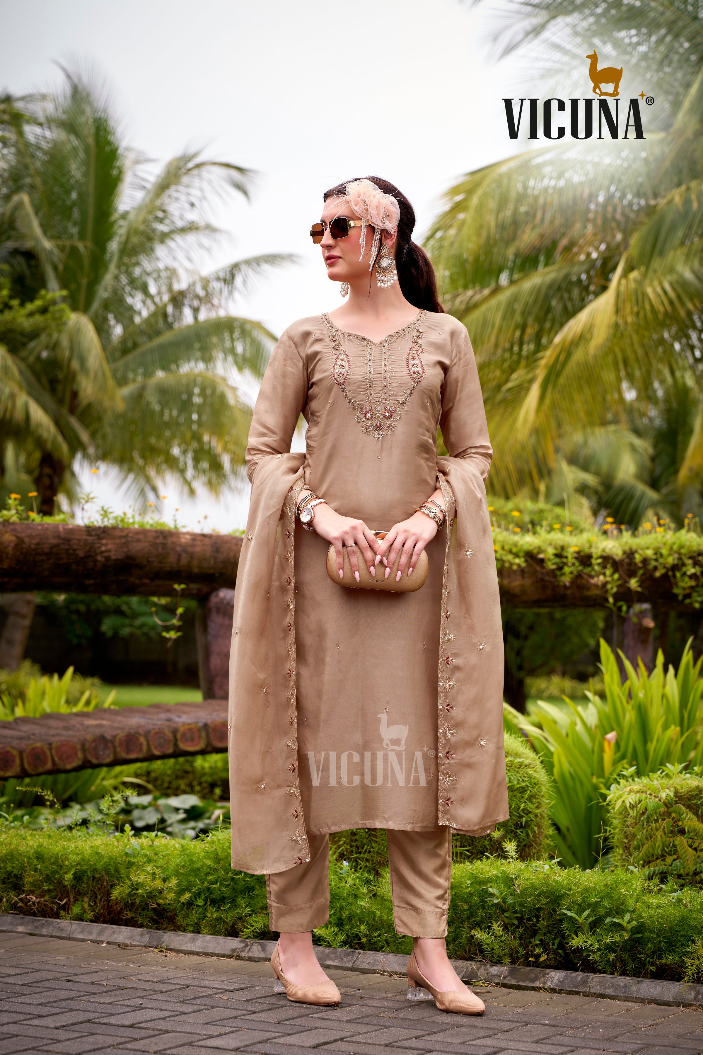Viscose Upada Handcrafted Suit Set with Organza Dupatta in
