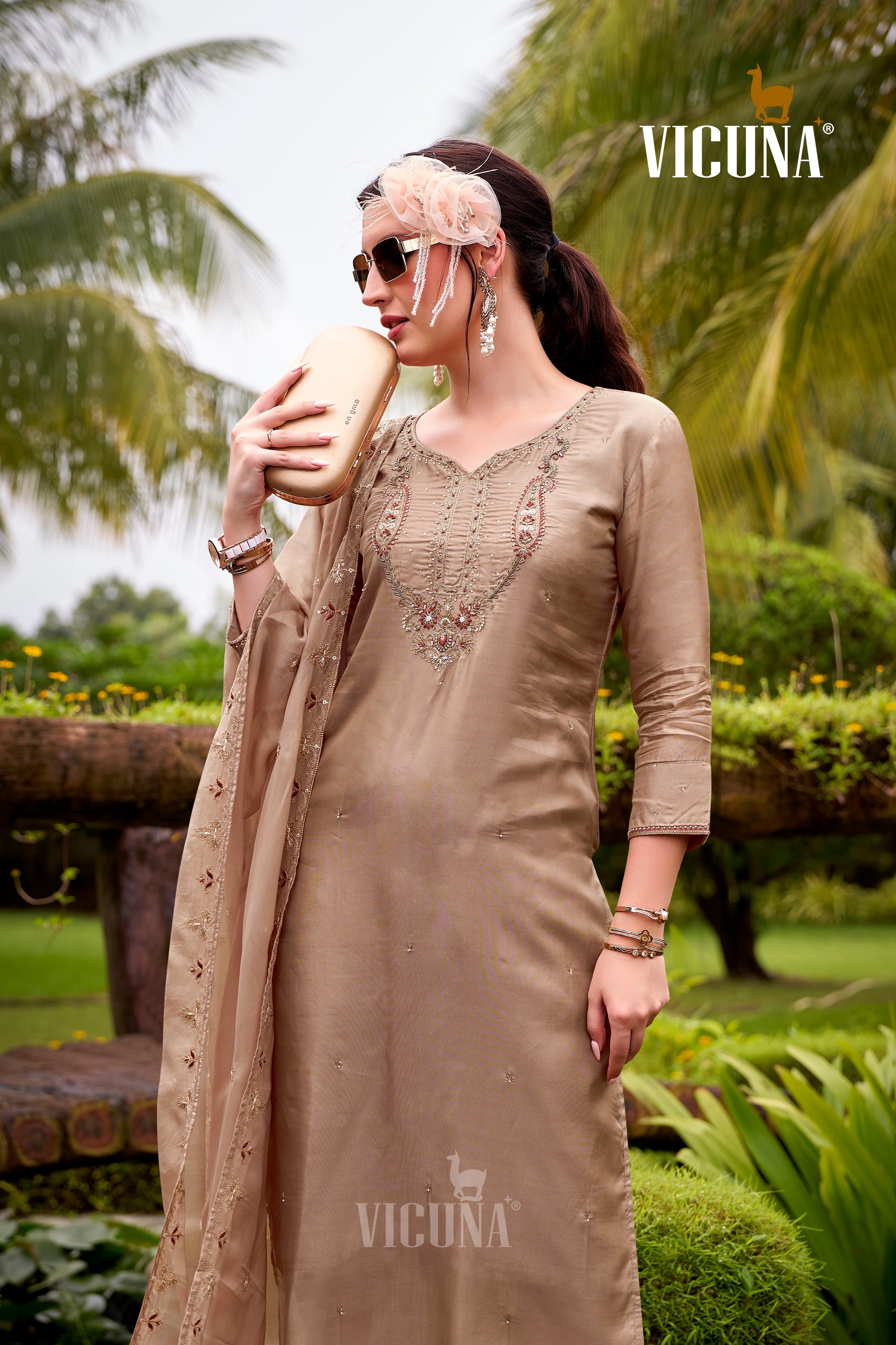 Viscose Upada Handcrafted Suit Set with Organza Dupatta in