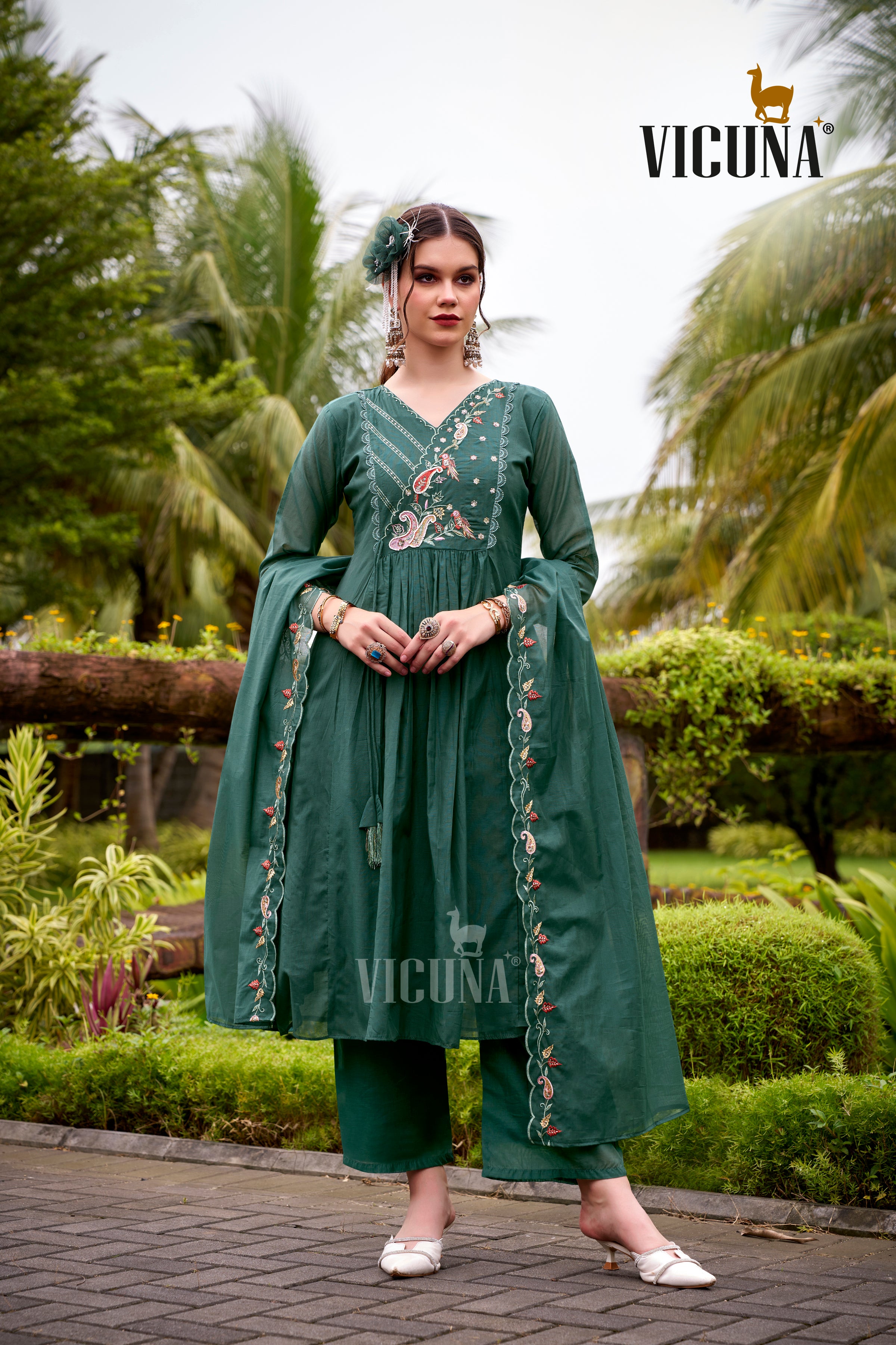 Mal Chanderi Embroidered Suit Set in Green