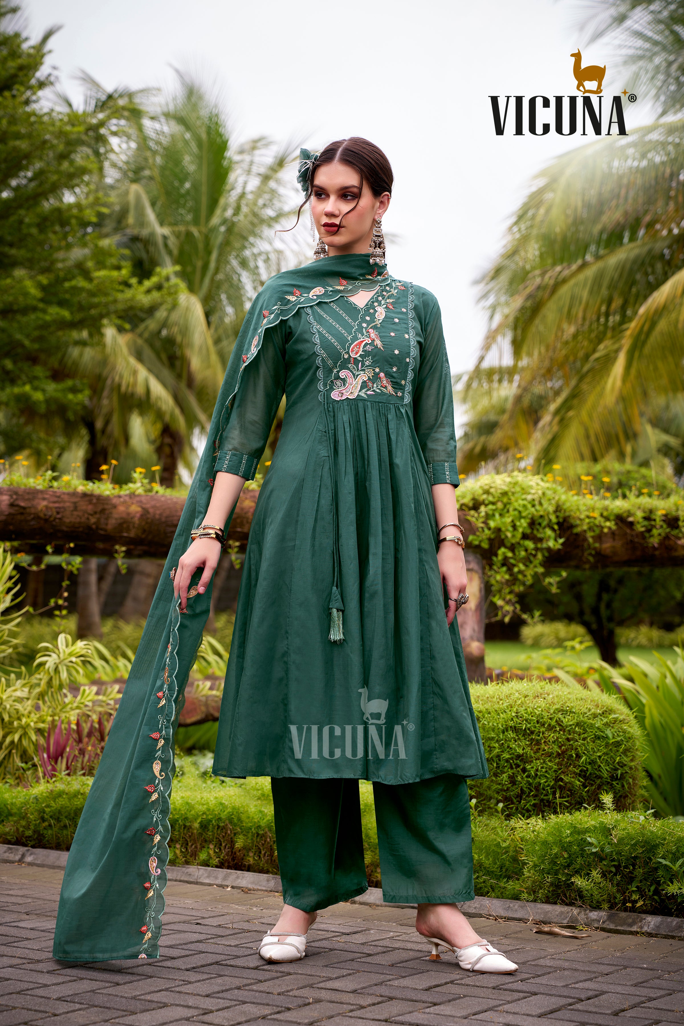 Mal Chanderi Embroidered Suit Set in Green