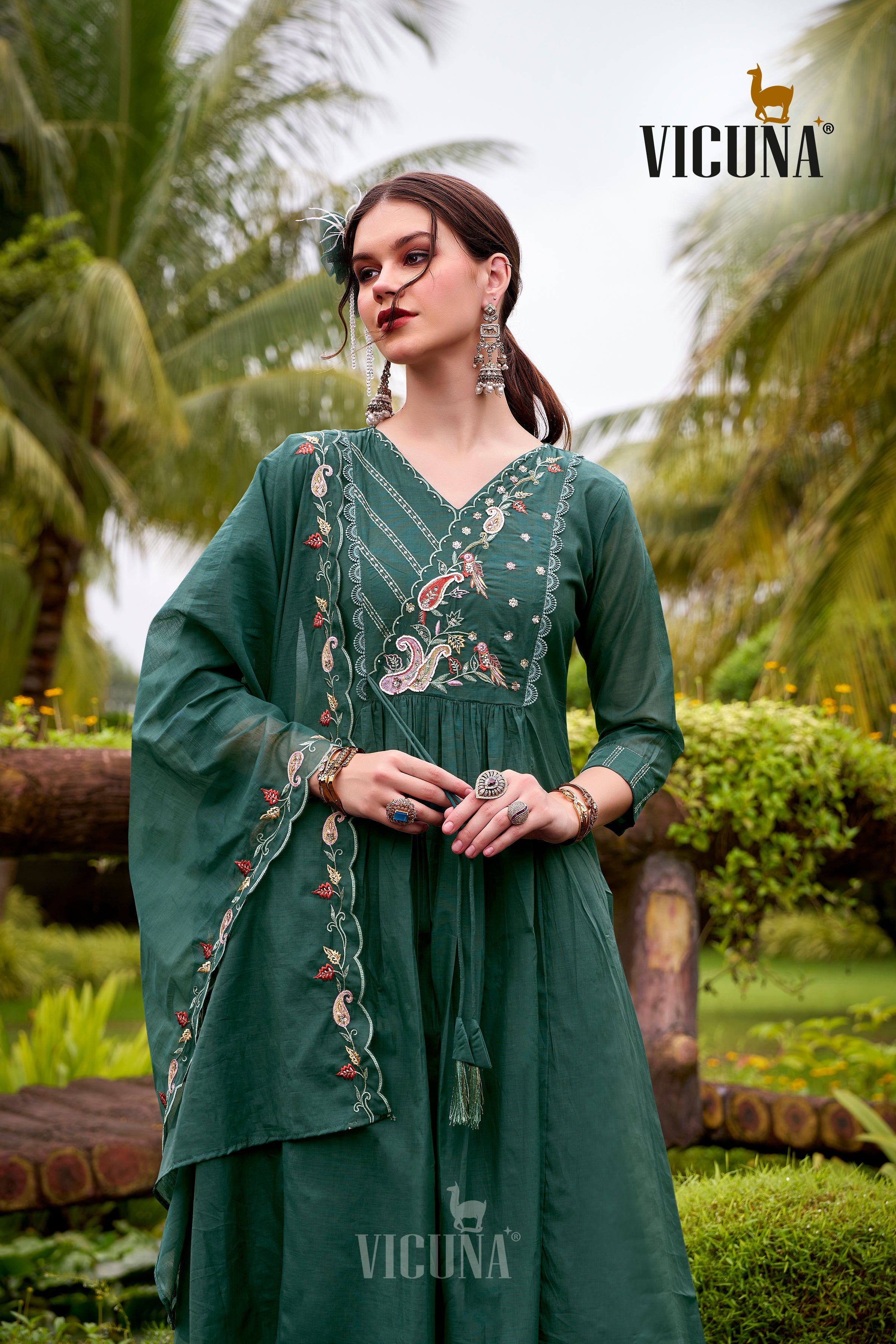 Mal Chanderi Embroidered Suit Set in Green