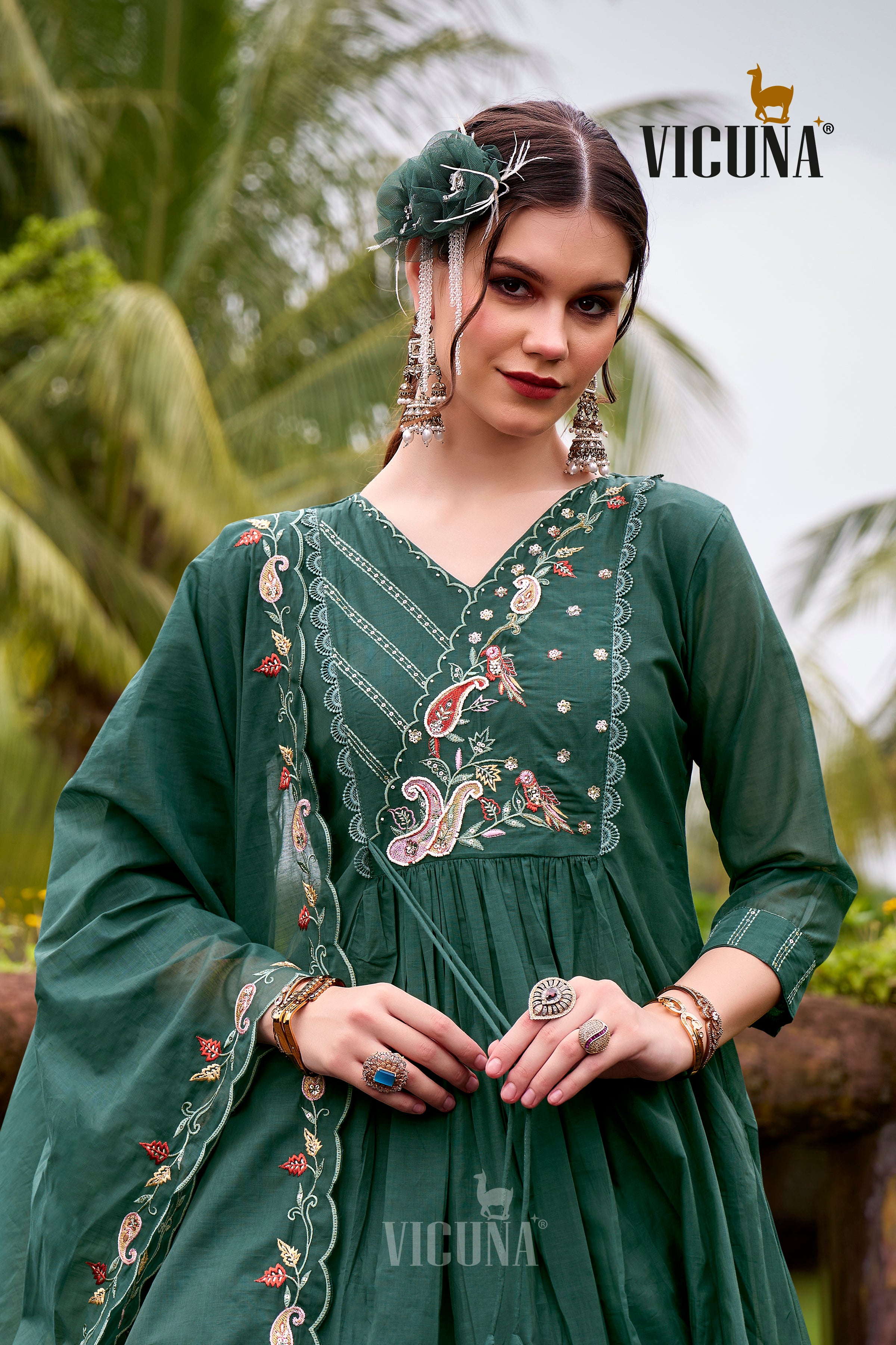 Mal Chanderi Embroidered Suit Set in Green