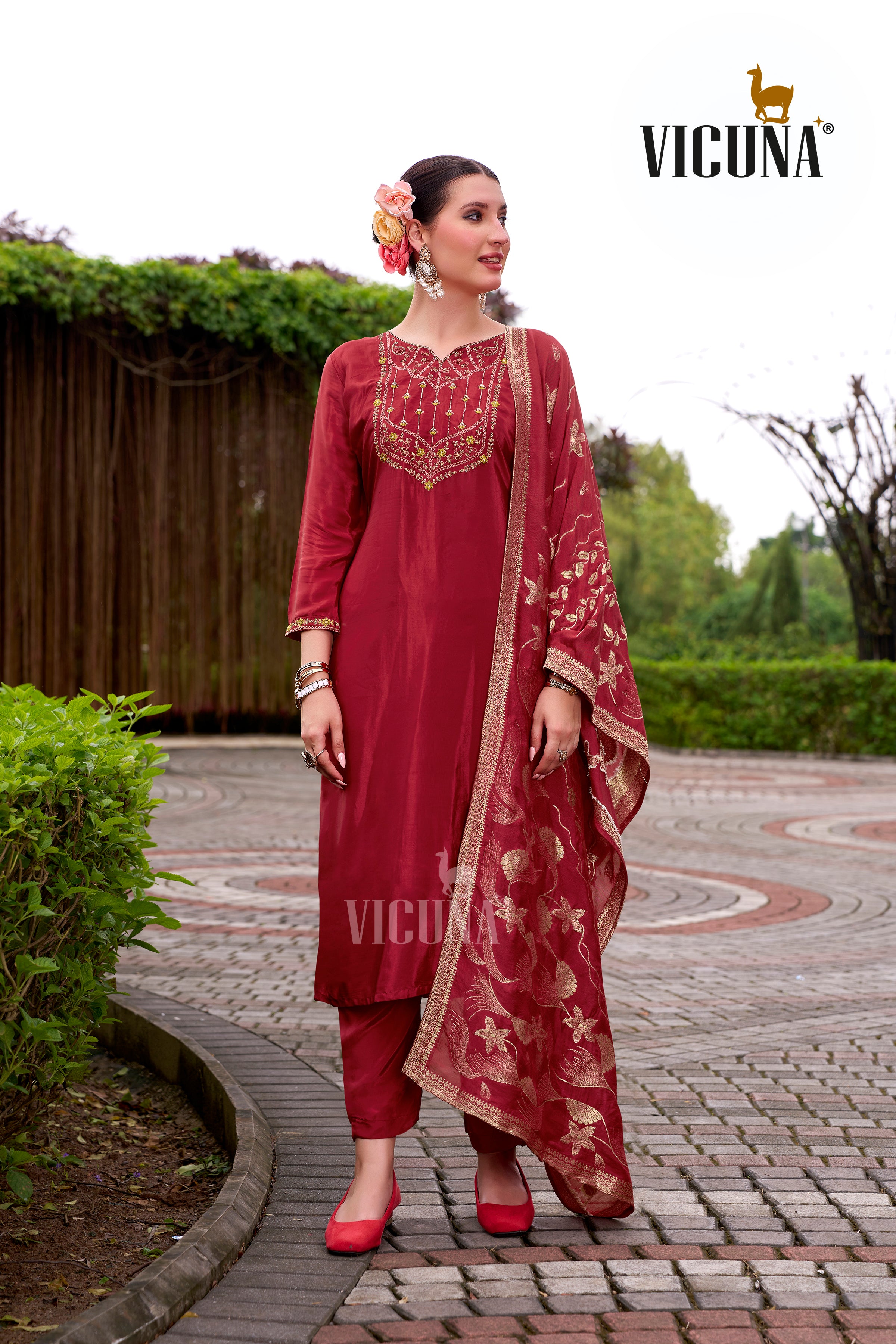 Natural Crep Embroidered Suit Set with Jacquard Dupatta in Rama & Rani