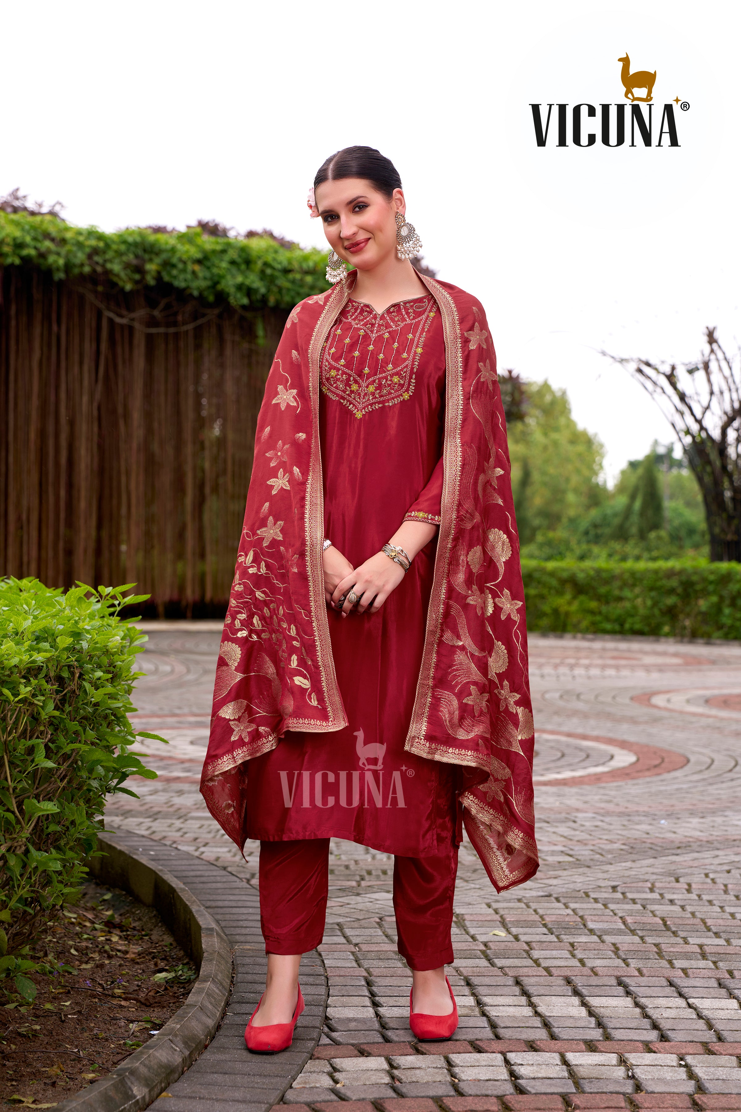 Natural Crep Embroidered Suit Set with Jacquard Dupatta in Rama & Rani