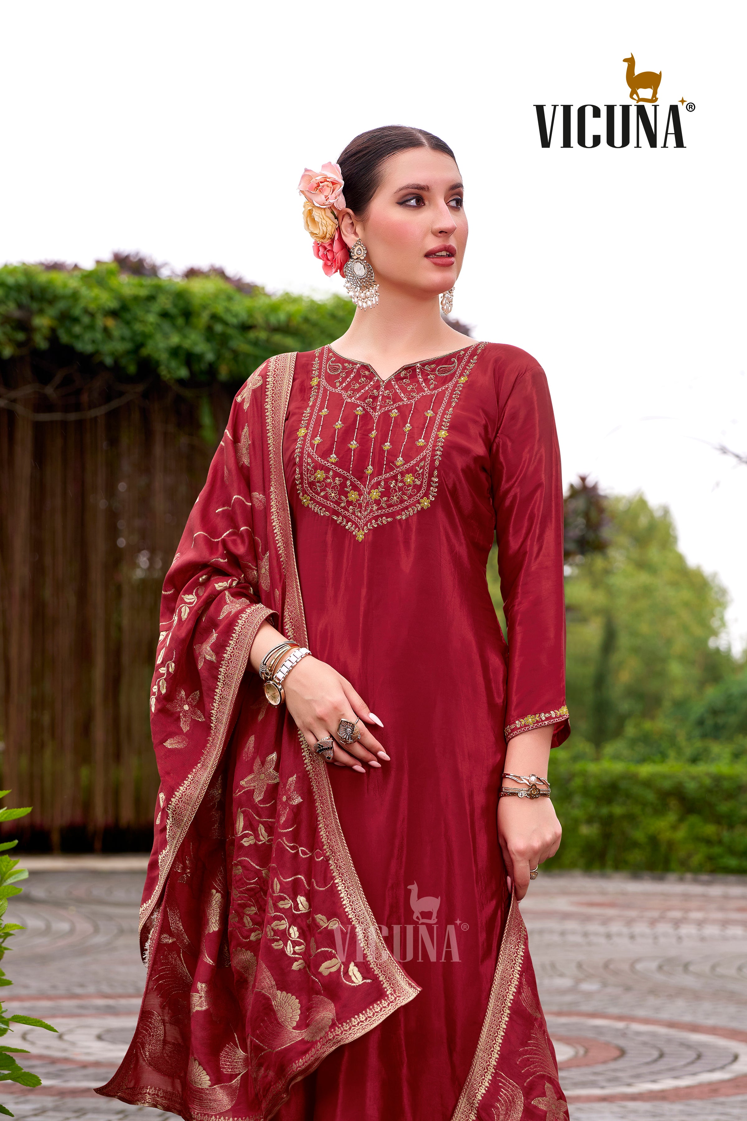 Natural Crep Embroidered Suit Set with Jacquard Dupatta in Rama & Rani