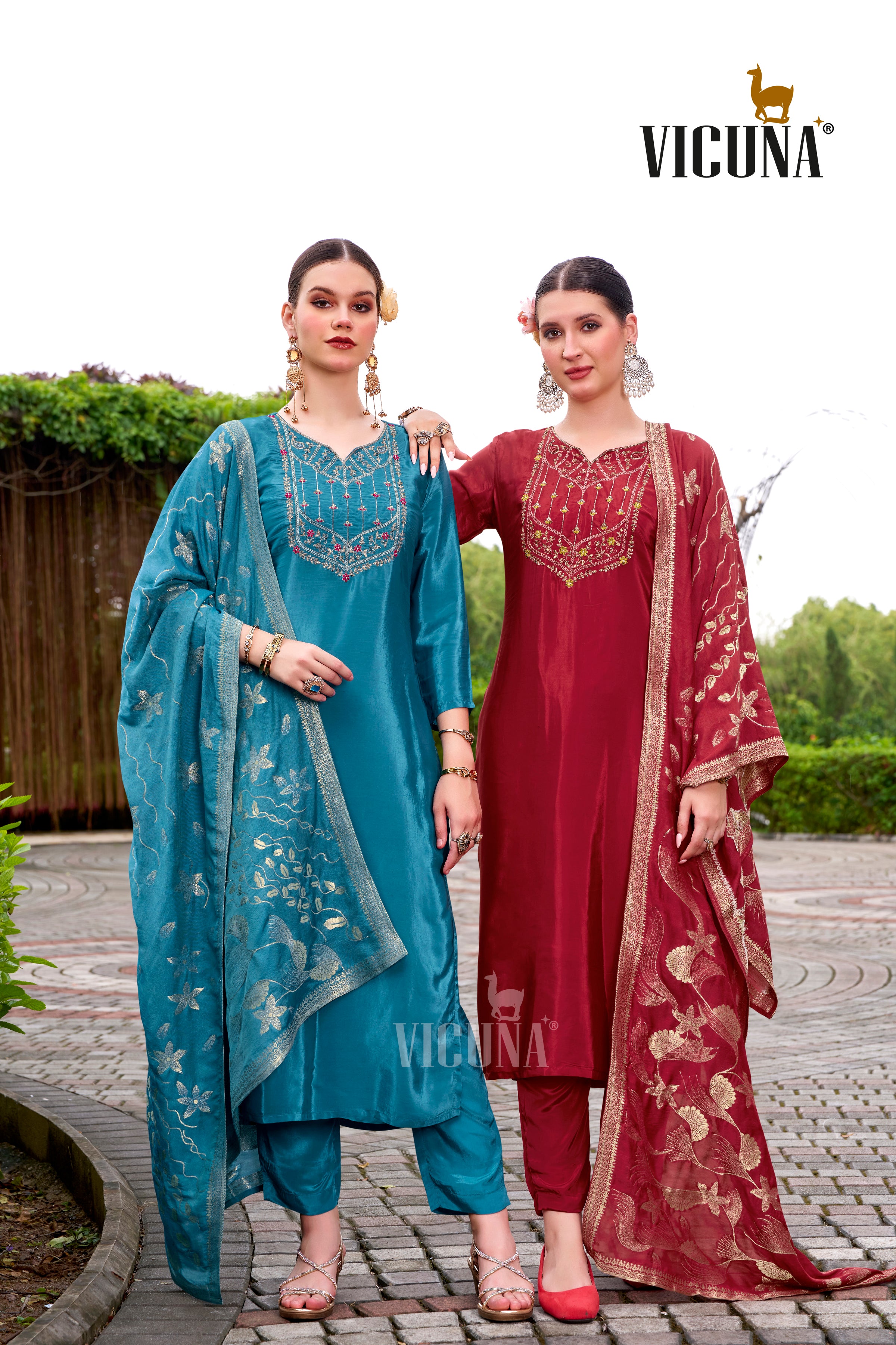 Natural Crep Embroidered Suit Set with Jacquard Dupatta in Rama & Rani