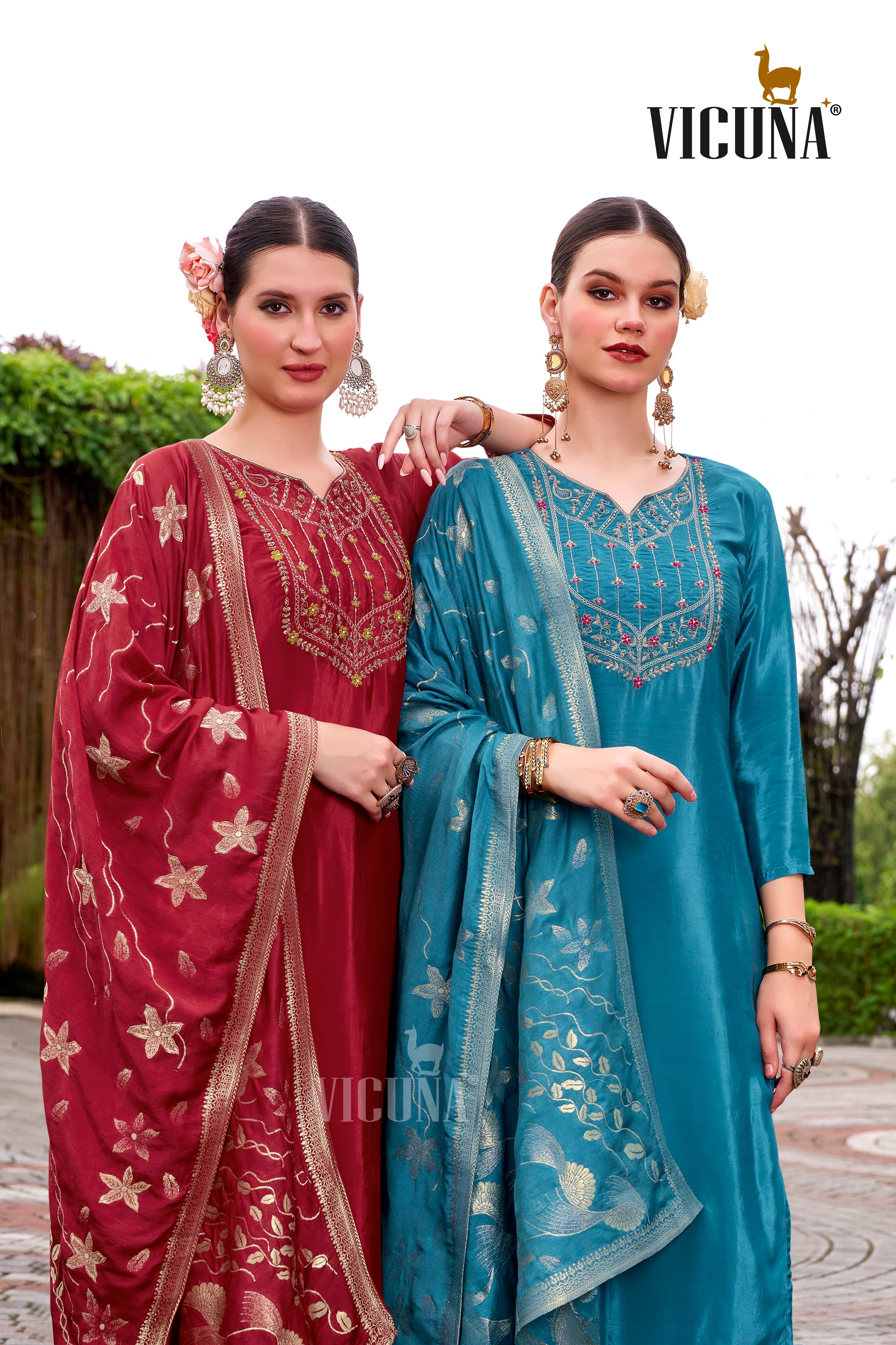 Natural Crep Embroidered Suit Set with Jacquard Dupatta in Rama & Rani