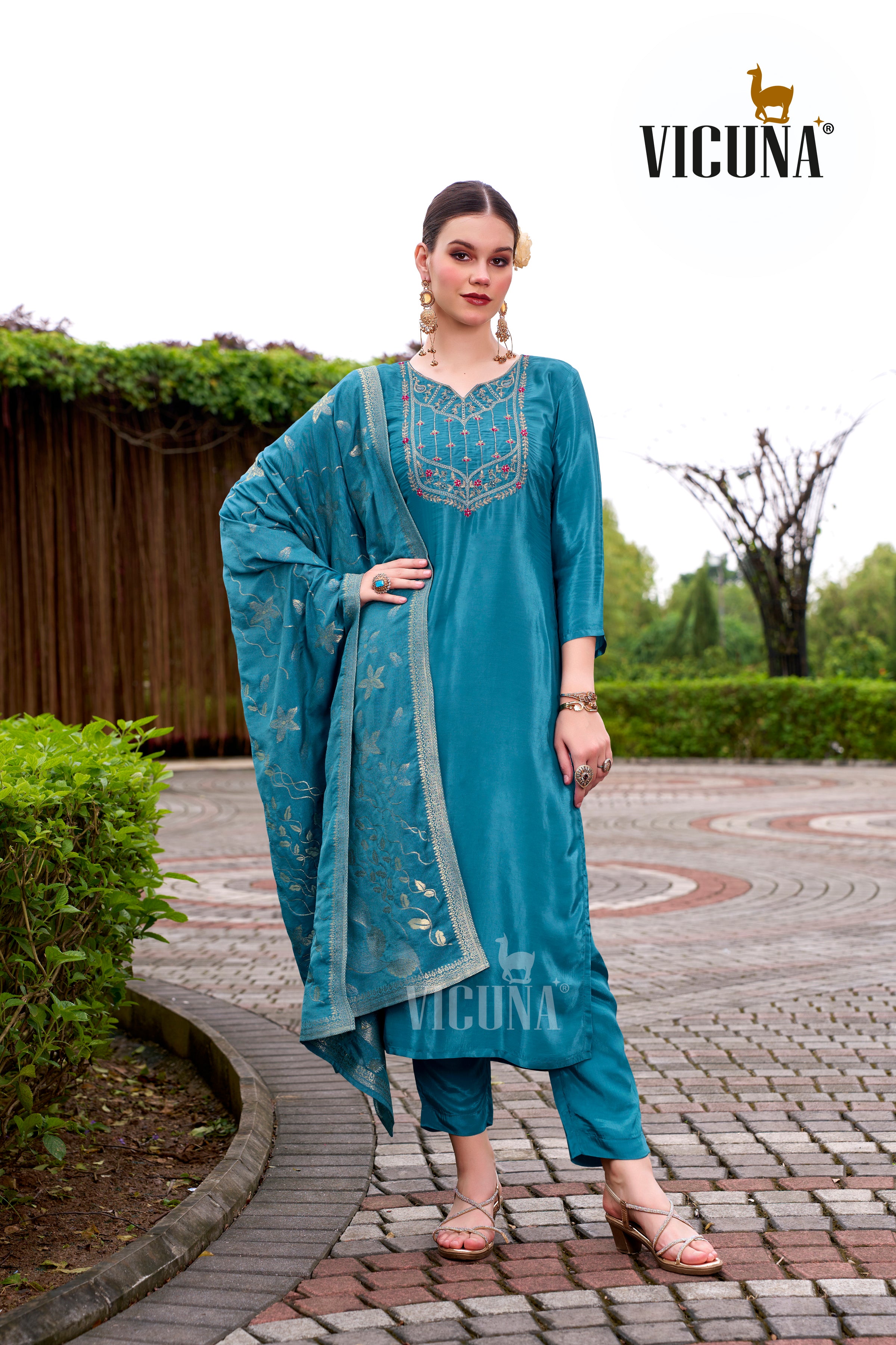 Natural Crep Embroidered Suit Set with Jacquard Dupatta in Rama & Rani