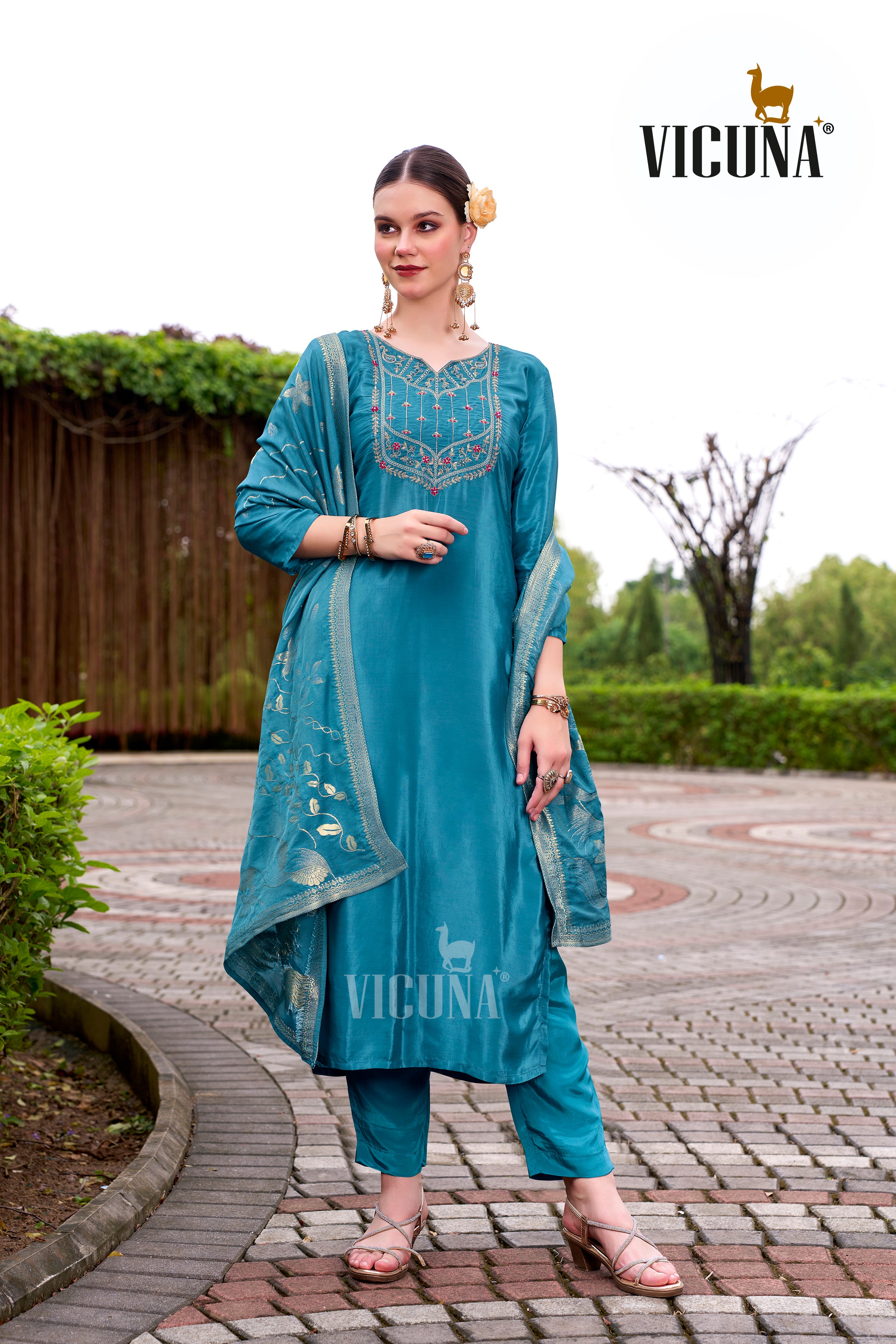 Natural Crep Embroidered Suit Set with Jacquard Dupatta in Rama & Rani