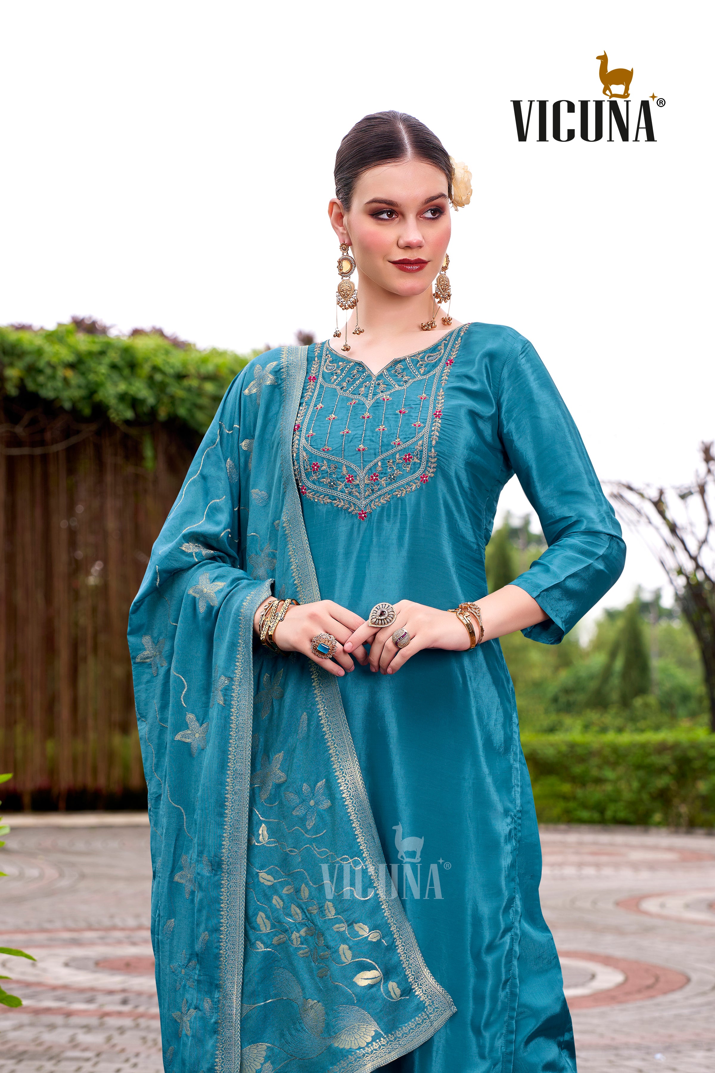 Natural Crep Embroidered Suit Set with Jacquard Dupatta in Rama & Rani