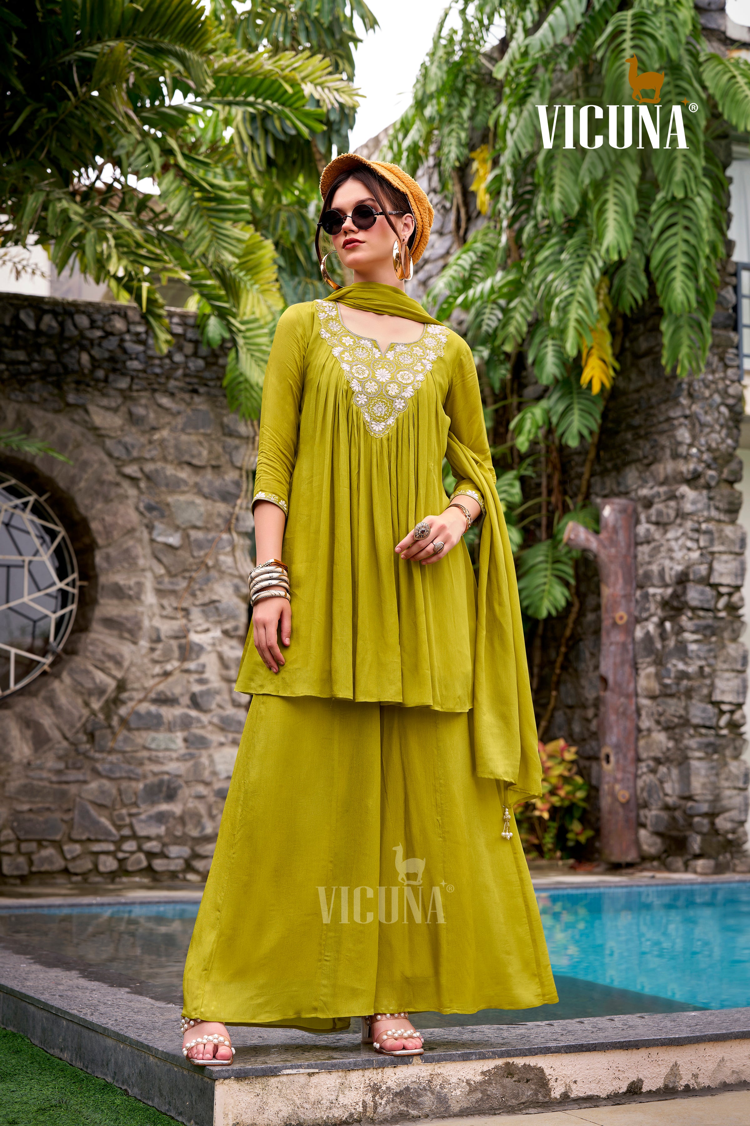 Chinon Embroidered Short Kurta Set in Lemon & Coffee