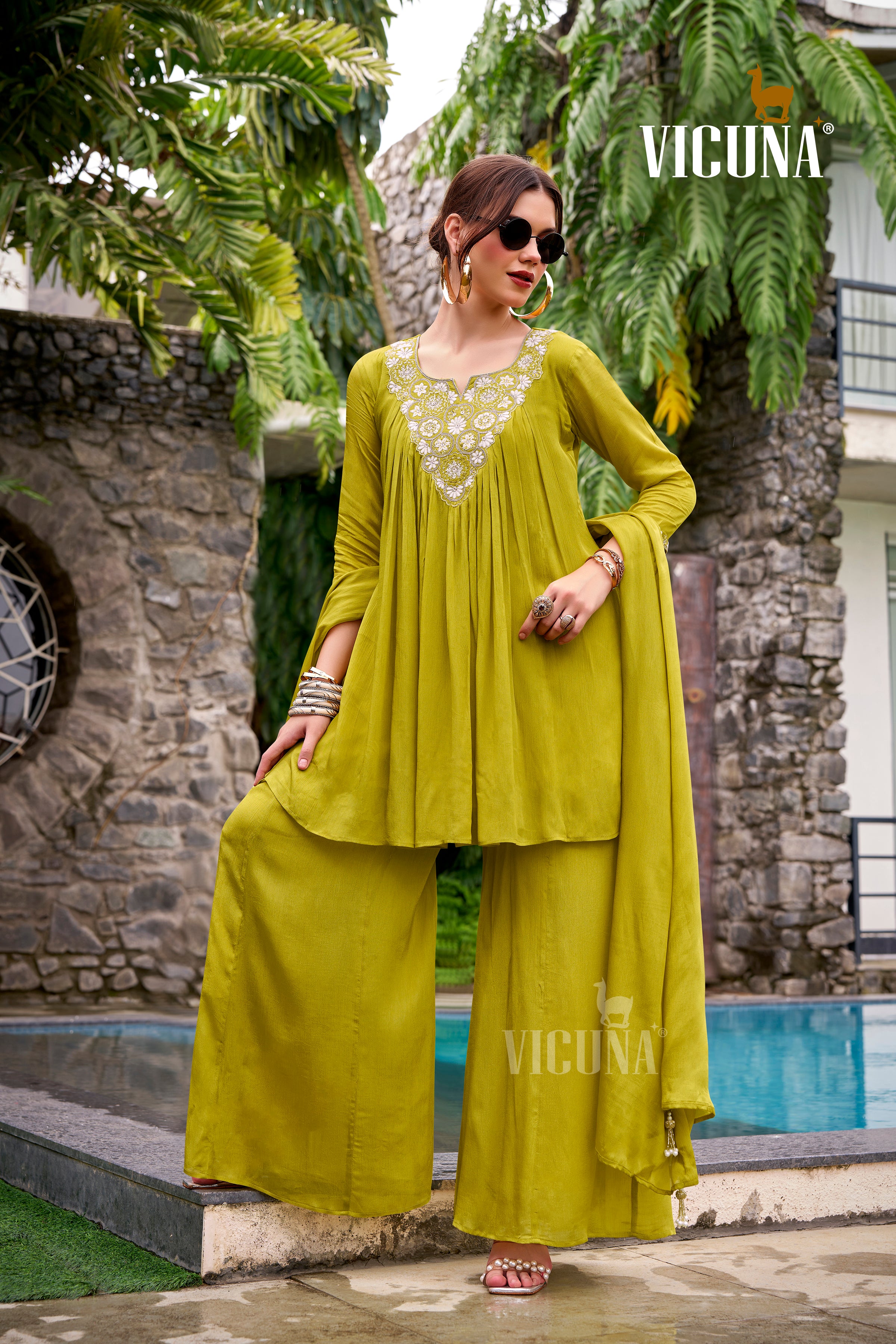 Chinon Embroidered Short Kurta Set in Lemon & Coffee